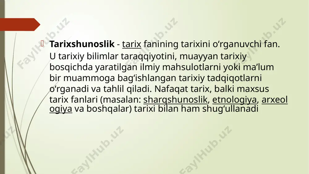 sbatan yangi fan hisoblanadi. oʻrta asrlarda yaratilgan baʼzi tarixiy asarlarda, jumladan, abu rayhon beruniyning „qadimgi xalqlardan qolgan yodgorliklar“ va „hindiston“, abu bakr narshaxiyning „tarixi buxoro“, sharafuddin ali yazdiyning „zafarnoma“, boburning „boburnoma“, muhammad yusufbek bayoniyning „tarixi xorazm“, „shajarai xorazmshohiy“, ahmad donishning „buxoro amirlarining tarjimai hollari“ va boshqalarda muayyan maʼlumotlarni umumlashtirishga, fakt va tarixiy jarayonlar bayonida tahliliy yondashuvga boʻlgan harakatlar kuzatiladi. oʻzbekistonda tarixshunoslik tarix fanining maxsus sohasi va alohida tadqiqot predmeti sifatida xx asrning ikkinchi yarmida shakllandi. oʻzbekiston fanlar akademiyasi tarix instituti tashkil topgach, bir qator tarixshunoslar, jumladan, v.ya. nepomnin, r.n.nabiyev, i.k. dodonov, l.m.landa, x.i.inoyatov, b.v.luninlar muayyan muammolarning tarixshunosligini tadqiq qilishga kirishdilar. 1968-yil tarix instituti qoshida „tarixshunoslik“ sektori, keyinroq boʻlim tashkil etilishi bu sohaning rivojiga katta hissa qoʻshdi (boʻlimni 1968—1988 yillarda tarix fanlari doktori b.v.lunin, 1988—1992 yillarda tarix fanlari nomzodi v.a.germanov boshqargan, 1992-yildan tarix fanlari doktori, professor d.a.alimova rahbarlik qilib kelmoqda oʻzbekistonda tarix fani va uning baʼzi sohalari rivoji dinamikasini yorituvchi asarlar …