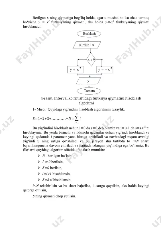 soblash uchun i0 da s0 deb olamiz va ii1 da ssi2 ni hisoblaymiz. bu yerda birinchi va ikkinchi qadamlar uchun yig‘indi hisoblandi va keyingi qadamda i parametr yana bittaga orttiriladi va navbatdagi raqam avvalgi yig‘indi s ning ustiga qo‘shiladi va bu jarayon shu tartibda to i<n sharti bajarilmaguncha davom ettiriladi va natijada izlangan yig‘indiga ega bo‘lamiz. bu fikrlarni quyidagi algoritm sifatida ifodalash mumkin: · n –berilgan bo‘lsin, · i 0 berilsin, · s0 berilsin, · ii1 hisoblansin, · ssi hisoblansin, i<n tekshirilsin va bu shart bajarilsa, 4-satrga qaytilsin, aks holda keyingi qatorga o‘tilsin, s ning qiymati chop yetilsin. 6-rasm. 1 dan n gacha bo‘lgan sonlar yig‘indisini hisoblash algoritmi topshiriqlar: 1. 2. 3. 4. 5. 6. 7. 8. 9. 10. 11. 12. 13. 14. 15. 16. 17. 18. 19. 20. 21. 22. 23. 24. 25. oleobject3.bin image4.wmf oleobject4.bin image5.png image6.wmf oleobject5.bin image7.png image8.wmf oleobject6.bin image9.wmf oleobject7.bin image10.wmf oleobject8.bin image11.wmf oleobject9.bin image12.wmf …