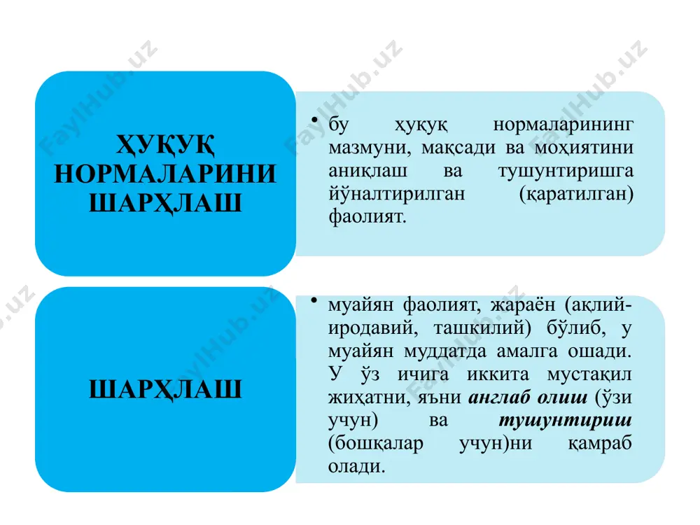 айян расмий реквизитларга эга бўлади ва оғзаки); юридик аҳамияти бўйича (норматив шарҳлаш актлари ва аниқ казуал ҳолатларга нисбатан чиқариладиган шарҳлаш ҳужжатлари) ва бошқалар тавсия этиладиган адабиётлар 1. scott veitch, emilios christodoulidis, lindsay farmer. jurisprudence: themes and concepts. second edition. – london: routledge-cavendish, 2012. -305 p. 2. hans kelsen. general theory of law and state. – cambridge: harvard university press, 2009. –516 p. 3. исломов з.м. давлат ва ҳуқуқ назарияси. дарслик. – тошкент: адолат, 2007. –916 б. 4. одилқориев х.т., тультеев и.т. ва бошқ. давлат ва ҳуқуқ назарияси. дарслик / х.т.одилқориев таҳрири остида. –т.: sharq, 2009. –592 б. image1.jpeg image2.jpeg image3.jpeg /docprops/thumbnail.jpeg