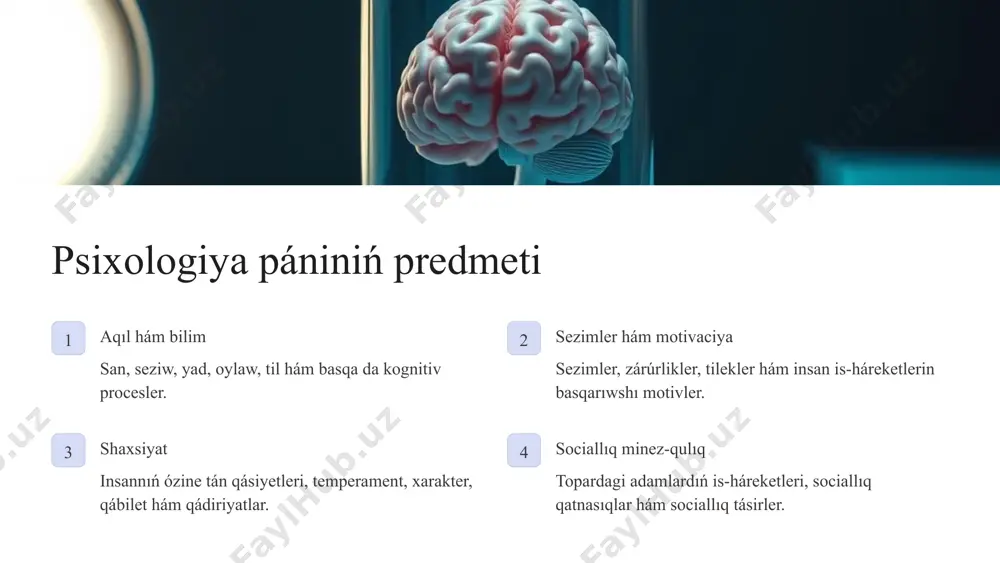 isler, tiplerge ajıratıw. máselen, adamlardıń shaxsın, sezimlerin yaki ruwxiy jagdayların klassifikaciyalaw. xulqıyattı túsindiriw: psixologiya, insan minez-qulqınıń sebeplerin hám motivaciyasın túsindiriwge háreket yetedi. ne ushın adamlar qanday da bir tárizde háreket etedi? ne sebepten olar ayırım sezimlerdi basınan keshiredi yamasa ayırım qararlardı qabıl etedi? bul sorawlarga juwap tabıw psixologiyanın wazıypası bolıp tabıladı. 5 psixologiya pániniń tarmaqları tarmoq úyreniw obyekti uliwma psixologiya insan psixikasınıń uliwma nizamların úyrenedi. sociallıq psixologiya insanlardıń óz ara qatnasıqların úyrenedi. balalar psixologiyasi balalardıń ruwxiy rawajlanıwın úyrenedi. pedagogikalıq psixologiya bilim beriw procesinde psixologiyalıq nizamlardı qollanıwdı úyrenedi. klinik psixologiya ruwxiy keselliklerdi emlew hám psixologiyalıq járdem kórsetiwdi úyrenedi. 6 psixologiya pániniń áhmiyeti jeke rawajlanıw óz-ózin ańlaw, sezimlerdi basqarıw, qatnasıqlardı rawajlandırıw hám jeke potencialdı ashıw. bilimlendiriw hám tárbiya bilimlendiriw procesin nátiyjeli shólkemlestiriw, balalardı tárbiyalaw hám olardıń ruwxiy rawajlanıwın baqlaw. sociallıq turmıs jámiyetlik qatnasıqlardı úyreniw, mashqalalardı sheshiw hám jámiyettiń turaqlı rawajlanıwına úles qosıw. densawlıqtı saqlaw ruwxiy keselliklerdi diagnostikalaw, emlew hám aldın alıw, ruwxiy …