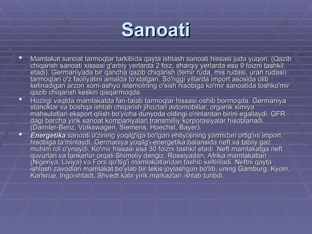 italning sezilarli roli. germaniya sanoatining yetakchi sohalari: mashinasozlik, kemasozlik, asbobsozlik (priborsozlik), kimyo sanoati, elektronika, energetika. sanoat tipidagi qishloq xo‘jaligi yuksak taraqqiy etgani bilan ajralib turadi. germaniyaning birlashishi jahon xo‘jaligi aloqalari va yevropada vujudga kelgan siyosiy-iqtisodiy muammolarni hal etishda olg‘a tashlangan qonuniy qadam bo‘ldi. eksport. ichki talab yetakchi bo‘lishiga qaramay eksport germaniya iqtisodiyoti o‘sishida qudratli omil bo‘lib qolayapti. germaniyada eksport siyosatiga jiddiy e’tibor qaratilayapti. shuning uchun ham har uchinchi muhandis, texnik yoki tadbirkor eksportga ishlayapti. mamlakat eksporti tarkibida sanoat mollari 90 % ga yaqinni tashkil qiladi. eksportga mamlakat jami sanoat mahsulotining 1/3 qismi jo‘natilayapti. mamlakatning tashqi savdo aylanmasida eksport importdan oshadi. eksport o‘sishi 5-7% tashkil etadi. eksportning asosiy sohalari-ximiya, mashinasozlik, avtomobilsozlik, elektrotexnika tarmoqlaridir. ular xalqaro bozorda salmoqli yutuqlarni qo‘lga kiritdilar. yuqorida nomlari tilga olingan sohalarning mahsulotlari eksportning yarimidan ziyodini tashkil qiladi. keyingi yillarda germaniya eksporti geografiyasi borgan sari kengayapti. mamlakat eksportining kengayishi mdh mamlakatlari evaziga bo‘layapti. germaniyaning tashqi savdo aloqalari asosan …