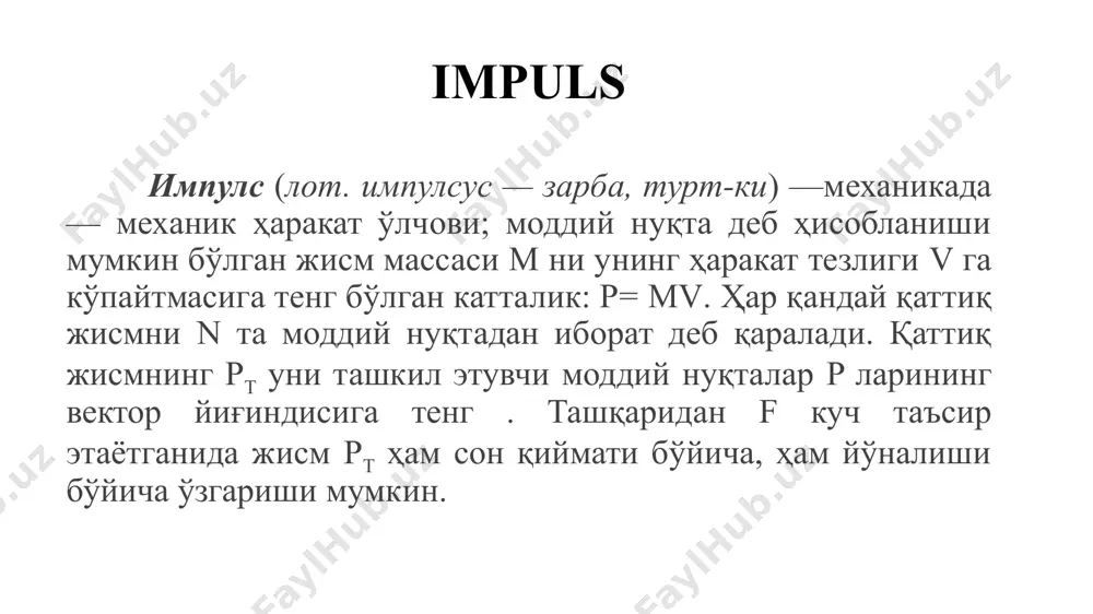 - уст тушиши керак; 3. моддий нуқталар тизими инерция марказининг радиус - векторидан вақт бўйича биринчи тартибли ҳосила олинса, инерция марказининг тезлиги келиб чиқади: image1.png image2.png image3.png image4.png image5.png image6.png image7.png image8.png image9.png image10.png image11.png image12.png image13.png image14.png image15.png image16.png image17.png image18.png image19.png image20.png