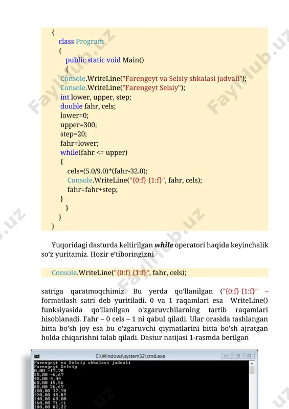 tiraga faqat bitta simvolni joylashtiradi (aniqrog’i, u unicode jadvali bo’yicha bitta belgini xotiraga joylashtiradi). char tipli o’zgaruvchi e’loni quyidagicha bo’ladi: char c='a'; bunda c o’zgaruvchisiga apostrof ichida yozilgan a belgisi ta’minlangan. demak, initsializatsiya shu ko’rinishda amalga oshiriladi. literallar deb matnli konstantani qabul qiluvchini tushunamiz. yuqoridagi c – matnli konstanta (literal). bir qancha belgilarni o’zida jamlagan unicode jadvalini internetdan topish muammo emas. quyida unicode jadvalining fragmentini keltirimiz (2.2-rasm). biror simvolning o’n oltilik sanoq sistemasidagi ko’rinishini ham keltirish mumkin. masalan, 2.2- rasm. unicode jadvali fragmenti char mychar='\x0058'; bunda \x belgisi o’n oltilik sanoq sistemasida kiritilayotganini bildirsa, 0058 – belgi kodi hisoblanadi. xuddi shu amalni o’nlik sanoq sistemasi yordamida ham amalga oshirish mumkin. bunig uchun tipga keltirish amalidan foydalanamiz. quyidagi fragmentni yozaylik: int a = 88; char mychar=(char)a; console.writeline(mychar); a o’zgaruvchisi int tipiga tegishli. (char)a amali a ni char tipiga o’tkazadi. 88 o’nlik sanoq sistemasidagi sanoq. demak mychar unicode jadvalidagi kodi o’nlik sanoq …