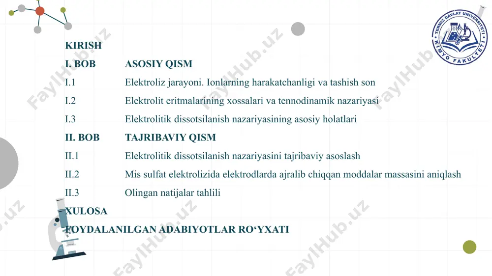 amalar bilan ifodalanadigan bogʻlanishlar mavjud. faradeyning birinchi qonuni: bu qonunga binoan, har bir eleklrodda ajralib chiqqan yoki erigan moddaning miqdori eritmadan o'tgan elektr tokining miqdoriga va uning kimyoviy ekvivalentiga to‘g‘ri proporsionaldir: ( i.1) bu yerda: i — tok kuchi (amper); g — ajralib chiqqan moddaning miqdori (gramm); α— moddaning ekvivalent massasi (g-ekv); - τ- elektroliz vaqti (sek); n - g-ekv lar soni; f = 96493 kulon — faradey soni. faradayning ikkinchi qonuni: faradayning ikkinchi qonuni elektrolizda ajralib chiqadigan moddalarning massalari turli moddalar uchun bir xil miqdordagi elektr zaryadi o‘tkazilganida, ularning ekvivalent massalari nisbatida bo‘ladi. bu qonun turli elektroliz jarayonlarida bir xil elektr zaryadi ta’sirida ajralib chiqadigan moddalar miqdorlarini hisoblashga imkon beradi. formulasi: bu yerda: m1 va m2 – turli moddalarning massalari, e1 va e2 – moddalarning elektrokimyoviy ekvivalentlari. ii.2 mis sulfat elektrolizida elektrodlarda ajralib chiqqan moddalar massasini aniqlash ishning maqsadi: elektrokimyoviy ekvivalentni aniqlash usuli va qurilmasi bilan tanishish. kerakli asbob …