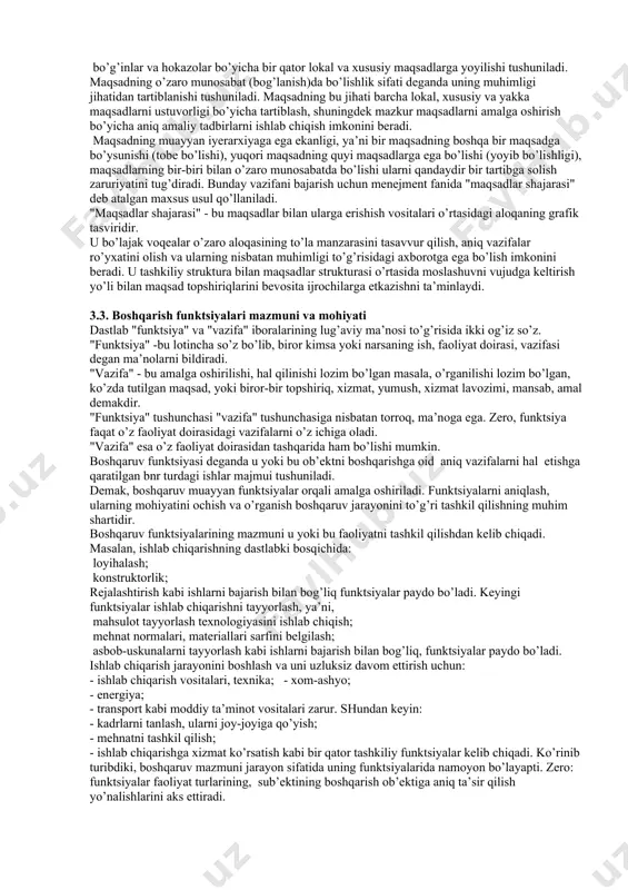 gi to’rtta guruhga bo’lishadi: oddiy, qotib qolgan an’anaviy maqsadlar; muammoli maqsadlar; innovatsion maqsadlar; xodimlar malakasini, mahoratini oshirish bo’yicha maqsadlar. birinchi guruhdagi maqsadlar har kun qabul qilinadigan va amalga oshiriladigan odatiy maqsadlar bo’lib, ularning bajarilishini ta’minlash tegishli bo’g’indagi rahbarning bevosita burchiga kiradi. ikkinchi guruhdagi maqsadlar odatiy maqsadlardan farq qiladi. bu maqsadlar korxonaga va ayrim xodimga qiyinchiliklar tug’diradi. muammoli maqsad. sotish xajmini qisqa muddat (2 oy) ichida keskin ko’paytirish: - mahsulotga bo’lgan talabning keskin pasayish sabablarini aniqlashni; - ko’p omilli korrelyatsion-regression tahlilni amalga oshirishni; - eng maqbul qarorlar qabul qilishni taqozo etadi. innovatsion maqsadlar - bu yangi mahsulotni ishlab chiqarish, yangi texnologiyani joriy qilish buyicha qo’yiladigan uchinchi guruhdagi maqsadlardir. masalan, tadqiqot bo’limi xodimlarining maqsadi quyidagicha bo’lishi mumkin: "1 iyulgacha eksport uchun mo’ljallangan uch turdagi yangi mahsulotni sinovdan o’tkazishni ta’minlash". maqsad qanchalik murakkab bo’lsa, u boshqaruvchi uchun shunchalik muammoli yoki innovatsion bo’lishi mumkin. to’rtinchi guruh maqsadlar - bu korxona xodimlari malakasini oshirish sohasidagi …