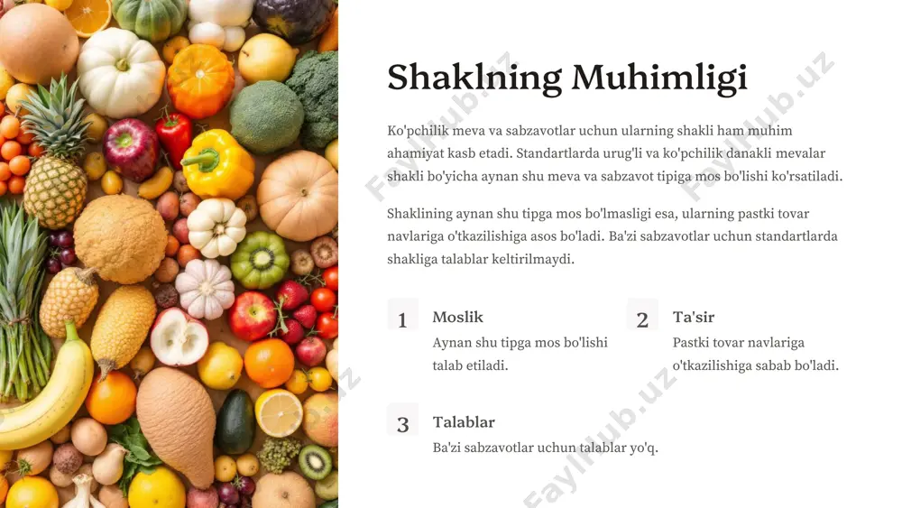 g asosiy ko'rsatkichlari, jumladan, umumiy va xususiy ko'rsatkichlar, shuningdek, meva va sabzavotlarning sifat gradastiyalari ko'rib chiqildi. ma'lumotlar meva va sabzavotlar sifatini to'g'ri baholash va ularning iste'molga yaroqliligini aniqlashda yordam beradi. 1 asosiy ko'rsatkichlar umumiy va xususiy ko'rsatkichlar. 2 sifat gradastiyalari standart, nostandart, chiqit. 3 maqsad sifatni to'g'ri baholash. foydalanilganadabiyotlarroʻyxati 1.abdullaevr. a. "oziq-ovqatmahsulotlariningsifativaekspertizasi" . –toshkent: fan vatexnologiya, 2018. –345 b. 2.ismoilovm. t., karimov a. k. "sabzavotvamevalaryetishtirishvasaqlashtexnologiyalari" . –toshkent: o’zbekiston, 2016. –278 b. 3.rahimov b. r. "oziq-ovqatmahsulotlariningxavfsizligivasifatininazoratqilish" . –toshkent: universitet, 2019. –312 b. 4.sattorovsh. s. "ekologiktozamahsulotlarishlabchiqarishvasifatinibaholash" . –samarqand: samarqand davlatuniversiteti, 2017. –240 b. 5.tursunovn. t., yusupova m. a. "oziq-ovqatsanoatidayangitexnologiyalarvamahsulotlarekspertizasi" . –toshkent: iqtisod-moliya, 2020. –285 b. 6.xudoyberdiyeva. x. "sabzavotvamevalarningkimyoviytarkibivabiologikfaolligi" . –toshkent: o’qituvchi, 2015. –210 b. image112.png image130.png image146.png image162.png image163.png image164.png image165.png image178.png image179.png image180.png image192.png image193.png image194.png image195.png image214.png image215.png image216.png image250.png image251.png image252.png image253.png image272.png