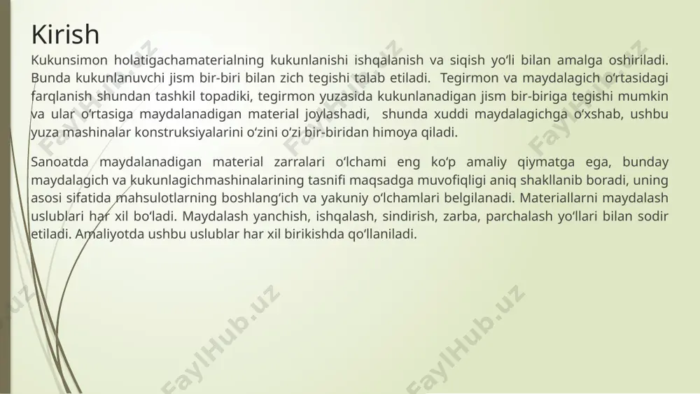 irmonning ishlab chiqarish samaradorligi mahsulotning erkin markaziy chiqishi bilan nam maydalashga nisbatan quruq maydalashda past, shunday ekan oxirgi holatda suv tuyiladigan materialdan mayda fraksiyalarni chiqishini engillashtiradi. bundan tashqari, suv va unda qorishilgan faol yuzali bog‘lovchilar mikro yoriqlarga ularning ta’siri ponani uribchiqarishi tufayli materiallarning mayin tuyilishini engillashtiradi. to’xtovsiz harakatlanuvchi sharli tegirmon sharli tegirmonda kukunlash sharli tegirmonning harakat prinsipi tegirmon barabani aylanayotganda mavjud bo‘lgan material kukunlanadigan jismning erkin tushish holati ta’siriga asoslanadi. baraban aylanishida kukunlanadigan jism (ko‘pchilik metal sharlar bosadigan) aniq bir balandlikka ko‘tariladi, undan keyin baraban devorlaridan uzilganholda erkin tushushda material maydalanadi. tegirmonda materialsharlarning dumalanishi va ularning sirg‘anishi tufayli zarb vaqisman ishqalanib eyilishida maydalanadi. baraban kichik burchak tezligiga nisbatan aylanishida sharlar va material aylanish tomoniga qarab bir necha burchak buriladi(68–rasm, a chizma) va keyinchalik xuddi shunday barabanaylanishi tezligida shu holatda qoladi. material va sharlar uzluksiz aylanma harakatni hosil qilib, aylana traektoriya bo‘ylab konsentrik (bitta umumiy markazga ega bo‘lgan) bo‘yicha yuqoriga harakatlanadi, …