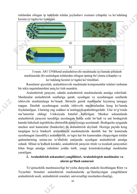 chapda) va ko‘ndalang kesimi (o‘ngda) ko‘rinishlari. rasmlarni qiyoslab, aralashtiruvchi mashinada komponentlar tolalari nisbatan bir tekis taqsimlanishini aniq ko‘rish mumkin. aralashtirish jarayoni, odatda aralashtirish mashinalarida amalga oshiriladi. mashinalar aralashtirish usullariga qarab, uyushgan va uyushmagan usullarda ishlovchi mashinalarga bo‘linadi. birinchi guruh mashinalar keyinroq taraqqiy topgan. dastlab uyushmagan usulda ishlovchi mashinalardan keng ko‘lamda foydalanilgan. ularning eng soddasi ta’minlagich-aralashtirgichdir. ular to‘g‘risida ma’lumotlar oldingi 3-leksiyada batafsil keltirilgan. mazkur uskunalarda aralashtirish jarayoni tasodifga asoslangan holda sodir bo‘ladi va uni boshqarish hamda baholash tegishlicha ehtimollik nazariyasiga asoslanadi. boshqacha aytganda mazkur usul kameralar (bunkerlar) da aralashtirish deyiladi. hozirga paytda keng tarqalgan ko‘p bunkerli aralashtirish mashinalarida dastlab har bir kamerada uyushmagan (tasodifiy) aralashtirish, so‘ngra har bir kameradan chiqayotgan tolalar qatlamlarining ustma-ust to‘shalishi natijasida uyushgan aralashtirish amalga oshadi. shuni ta’kidlash kerakki, aralashtirish jarayoni titish va tozalash jarayonlari bilan birga amalga oshishini yodda tutib, yangi konstruksiyadagi mashinalar yaratilgan. 2. aralashtirish uskunalari yangiliklari. aralashtirgich mashinalar va ularni qo‘llash samarasi to‘qimachilik mashinasozligi bo‘yicha …