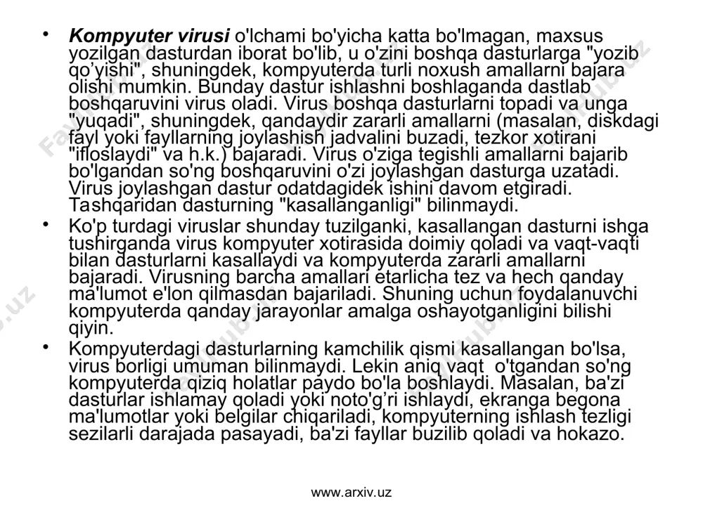 yoki bajarmas1ikka ko'rsatma beradi. masa1an, flushot plus va antirus dastur1ari. www.arxiv.uz www.arxiv.uz virusga qarshi dasturlar quvvatiga qarab bir necha turga bo'linadi. quyida eng ko'p tarqa1gan virusga qarshi dsav 2.0 («dia1og-nauka a.b.») komp1eksi bi1an tanishamiz. uning tarkibiga quyidagilar kiradi: 1. aidstest – viruslarni aniqash va yo'qotish uchun mo'ljallangan virusga qarshi ko'p qirra1i dastur (har haftada yangi1anib turadi). 2. doctor web (dr web) – yangidan yarati1gan, ma’lum va noma’lum viruslarni aniq1ash va yo'qotish uchun ishlati1adigan virusga qarshi dastur. u arxiv1angan va vaksiya1angan fayllarda ham virus1arni aniqlay oladi (har oyda o'rtacha 2 marta yangi1anadi). 3. adinf – diskdagi barcha o'zgarishlarni nazorat qiluvchi, disklarning virusga qarshi revizor dasturi (bir yilda bir necha marta yangilanadi). diskdagi barcha dasturlarning fizik kamchiliklarini nazorat qiladi. diskning tizimli sohasini vа fayllar holatini eslab qoladi vа qayta yuklashda diskdagi o'zgarishlarni aniqlaydi, agar biror xavfli o'zgarishlar aniqlansa, foydalanuvchiga bu haqda xabar beradi. 4. sherif – qattiq diskdagi operatsion tizim, dasturlar va …