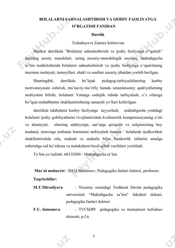 ahon qo’g’irchoq teatrining paydo bo’lishi, tarixiy ildizlari va tarbiyaviy ahamiyati 8 § 2. o’zbek qo’g’irchoq teatrining paydo bolishi tarixi. 17 § 3. maktabgacha ta’lim tashkilotlarida sahnalashtirish faoliyatining maqsadi va vazifalari. 28 § 4. maktabgacha ta’lim tashkiloti turli yosh guruhlarida sahnalashtirish faoliyatining asosiy vazifalari 34 ii bob sahnalashtirish faoliyati jarayonida bolalarda ijodkorlikni rivojlantirishning metodlari 45 § 5. sahnalashtirish faoliyati jarayonida bolalarda ijodiy faollikni shakllantirish 45 § 6. sahnalashtirish faoliyati jarayonida bolalarda ijodkorlikni rivojlantirish metodlari 53 § 7. sahnalashtirish faoliyati jarayonida bolalarda aktyorlik qobiliyatini rivojlantirish. 63 iii bob maktabgacha ta’lim tashkilotida sahnalashtirish faoliyatini tashkil etish 71 § 8. maktabgacha ta’lim tashkilotida sahnalashtirish faoliyatini tashkil etish shakllari: 71 § 9. sahnalashtirish faoliyati prinsiplari. 73 § 10. maktabgacha ta’lim tashkilotida “syujetli rolli o’yinlar va dramatizasiya markazi”ni tashkil qilish 76 iv bob maktabgacha yoshdagi bolalarda qo’g’irchoq teatri ersonajlarini yasash orqali badiiy ijodiy qobiliyatlarni shakllantirish va qo’g’irchoq yasash usullari 84 § 11. stol teatri va barmoq …