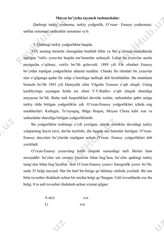 tovushni ifodalash uchun xizmat qilgan: a a(e) o,u i,i o,u unlilarni ifodalovchi harflar so’z boshida va o’rtasida ko’pincha tushirib qoldirilgan: lp-alp tg’-tag’ undoshlar qattiq va yumshoq variantlarga ega bo’lgan, shuning uchun yumshoq undosh uchun alohida belgi, qattiq undosh uchun alohida belgi qo’llangan. bing(ming) ben(men) yumshoq va qattiq variantlarga ega bo’lmagan undoshlar uchun, asosan, bitta belgi ishlatilgan: -sh, -p, -ng, -m o’rxun-enasoy yozuvida ketma-ket kelgan undoshni bitta harf orqali ifodalash hollari ham mavjud. -ltt, -nm -nch 2 . o’rxun-enasoy yozuvining fonetik va morfologik xususiyatlari. o’rxun-enasoy yozuvlarida hozirgi ko’pgina turkiy tillar uchun xarakterli bo’lgan palatal singarmonizm mavjud. labial singarmonizm yodgorliklarida muntazam uchramaydi, ya‘ni ba‘zi hollarda unga amal qilinmaydi. bu erda shuni aytish kerakki, singarmonizm nima? singarmonizm deb so’zdagi tovushlarning bir-biriga hamda o’zakka qo’shimchalarning talaffuz jihatdan uyg’unlashishiga aytiladi: singarmonizmning ikki qonuni, ya‘ni palatal-tanglay uyg’unligi-so’zdagi tovushlarning bir-biriga va qo’shimchalarning o’zakka qatorda va qalin-ingichkalikda moslashuvi: qag’anqa(hoqonga), ilgaru oldinga, barig’ (borish); lab uyg’unligi-birinchi bo’g’indagi unliga keyingi …