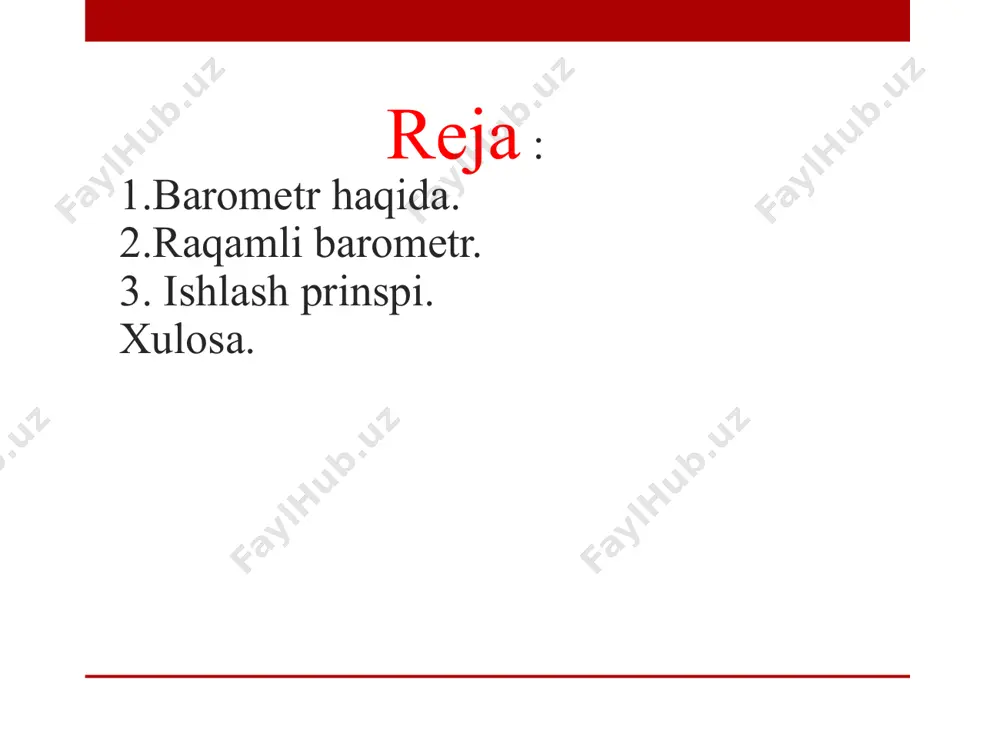 ob barometrlari naychadagi simob ustunidan foydalanganda bahor barometrlariga ta'sir qiluvchi havo bosimini o'lchaydi. raqamli barometrlar generator,, mikroprotsessor, dasturiy ta'minot, oshiruvchi va boshqa barcha kerakli modullardan iborat. bu qurilmada sensorlar bosimni qo'llab-quvvatlaydigan elektr shoka joyga o'rnatilgan. sondalar o'nlab ilib turiladi, bu yerdagi havo bosimi yuqoriga ko'tariladi va barcha sondalar elektron qurilma tomonidan yalpa-sariladi. sensorlar to'plami va boshqa qurilmalar tomonidan olingan elektron ma'lumotlar, mikroprotsessor tomonidan ijtimoiy protsessorlar uchun maxsus dasturga yuboriladi. ayni zamonda, barometrning katta tarkibiy qismi, harakatlarini va nazorat qilish jarayonini bajarish uchun ma'lumotlar bazasiga yuklanadi. raqamli barometr sxemasi xulosa xulosa qilib aytganda, raqamli barometrlar havo bosimini to'g'ridan-to'g'ri o'lchash orqali ishlaydigan elektron qurilmalardir. ushbu qurilmalar turli sanoat va meteorologik ilovalarda keng qo'llaniladi va havo bosimini tez va aniq o'lchash imkonini beradi. foydalanilgan adabiyotlar ro’yxati. 1. https://newtravelers.ru/uz/android/arduino-pro-mini-podklyuchenie-arduino-pro-mini-raspinovka-i-harakteristiki-chto.html 2.https://uz.m.wikipedia.org/wiki/arduino 3 https://www.texnoman.uz/post/arduino-nima.html 4 https://fayllar.org/mavzu-arduino-dasturlash-tilining-asosiy-tarkibi-va-tuzilishi.html 5. digital barometers and their applications by ian image2.png image3.jpg image4.jpg