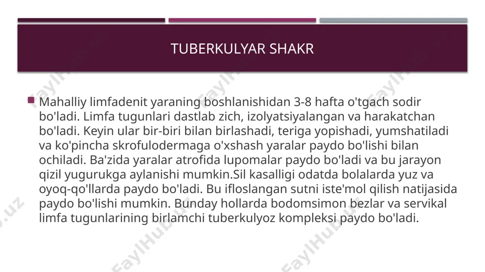 ng asorati bo'lib, qizamiq kabi o'tkir interkurrent kasalliklardan kelib chiqadi. bunda patogen butun tanaga gematogen yo'l bilan tarqaladi. bunday lezyonning belgilari oyoq-qo'llarda kichik qizil-jigarrang tugunlar, pufakchalar va papulalar shaklida nosimmetrik toshmalarning rivojlanishi hisoblanadi. lixyenoidli sil aksariyat nimjon, muskul va suyaklari yetarli rivojlanmagan, shuningdek, limfatik tugunlar hamda harakat a‘zolarida faol sil o‘chog‘i bo‘lgan bolalar orasida uchraydi. bunda asosan bemorning ko‘kragi, yelkasi, qorni va qovurg‘alari sohasiga papulyoz, papulopustulyoz, maddalangan toshmalar chiqadi, ular mayda bo‘lib bir-biriga qo‘shilishi yoki qo‘shilmasligi ham mumkin; rangi sog‘lom teri rangida, ba’zan sarg‘ish-qizil bo‘ladi. ayniqsa, badanning yon qismi, yuz va dumbadagi follikulyar tugunchalar simmetrik joylashadi, yuzasi mayda tangachalar bilan qoplanadi. juda qalin birikib ketgan follikulyar toshmalar seboreyali ekzemani eslatadi. papulonekrotik teri sili aksariyat qizlar va yosh ayollarda kuzatiladi. kasallik o‘chog‘idan (o‘pka, limfa tugunlari, suyak sili) sil mikobakteriyalarning limfa yoki qon oqimi bilan tarqalishi oqibatida yuzaga keladi. toshmalar asosan tuguncha bo‘lib, terining turli sohalariga, ko‘pincha bilak, boldir, son, dumba va …