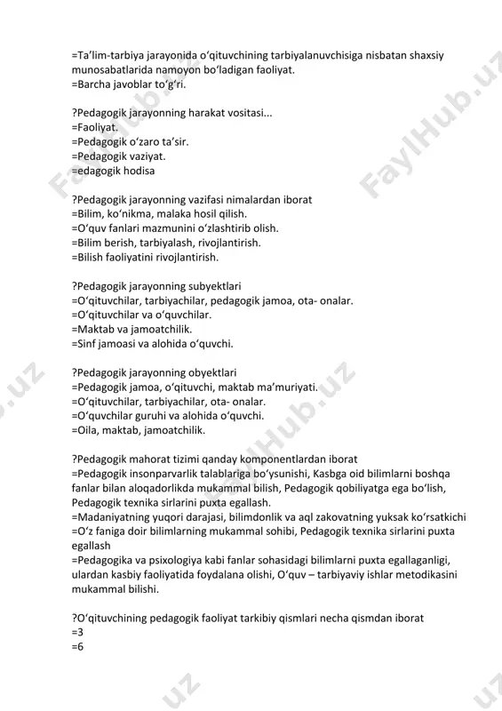 tchilik. ?pedagogik mahorat tizimi qanday komponentlardan iborat =pedagogik insonparvarlik talablariga bo‘ysunishi, kasbga oid bilimlarni boshqa fanlar bilan aloqadorlikda mukammal bilish, pedagogik qobiliyatga ega bo‘lish, pedagogik texnika sirlarini puxta egallash. =madaniyatning yuqori darajasi, bilimdonlik va aql zakovatning yuksak ko‘rsatkichi =o‘z faniga doir bilimlarning mukammal sohibi, pedagogik texnika sirlarini puxta egallash =pedagogika va psixologiya kabi fanlar sohasidagi bilimlarni puxta egallaganligi, ulardan kasbiy faoliyatida foydalana olishi, o‘quv – tarbiyaviy ishlar metodikasini mukammal bilishi. ?o‘qituvchining pedagogik faoliyat tarkibiy qismlari necha qismdan iborat =3 =6 =7 =2 ?pedagogik mahoratni tashkil etuvchi komponentlar =o‘z kasbiga sadoqat, fanini mukammal bilishligi, qobiliyatli texnikani qo‘llay olishi =muloyim, nutqi ravo, =bilim ko‘nikma va malaka rivojlangan =qobiliyatli, mahoratli ?“o‘qituvchi muntazam ravishda fan bilan shug‘ullanmog‘i lozim. aks holda u qurigan daraxt va toshga o‘xshab qoladi. qurigan daraxt va tosh meva bera olmaganidek, kelajakda bunday o‘qituvchidan hech qanday natija kutib bo‘lmaydi” ushbu fikrni kim bildirgan =adolf disterverg =yu.a.roppoport =u.m.kaykovus =m.montessori ?“ustoz muallimsiz qolganda …