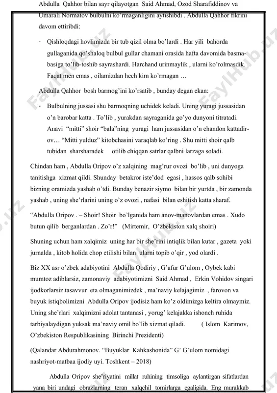 a bo’lardi . har yili bahorda gullaganida qo’shaloq bulbul gullar chamani orasida hafta davomida basma-basiga to’lib-toshib sayrashardi. harchand urinmaylik , ularni ko’rolmasdik. faqat men emas , oilamizdan hech kim ko’rmagan … abdulla qahhor bosh barmog’ini ko’rsatib , bunday degan ekan: · bulbulning jussasi shu barmoqning uchidek keladi. uning yuragi jussasidan o’n barobar katta . to’lib , yurakdan sayraganida go’yo dunyoni titratadi. anavi “mitti” shoir “bala”ning yuragi ham jussasidan o’n chandon kattadir-ov… “mitti yulduz” kitobchasini varaqlab ko’ring . shu mitti shoir qalb tubidan sharsharadek otilib chiqqan satrlar qalbni larzaga soladi. chindan ham , abdulla oripov o’z xalqining mag’rur ovozi bo’lib , uni dunyoga tanitishga xizmat qildi. shunday betakror iste’dod egasi , hassos qalb sohibi bizning oramizda yashab o’tdi. bunday benazir siymo bilan bir yurtda , bir zamonda yashab , uning she’rlarini uning o’z ovozi , nafasi bilan eshitish katta sharaf. “abdulla oripov . – shoir! shoir bo’lganida ham anov-manovlardan emas . …