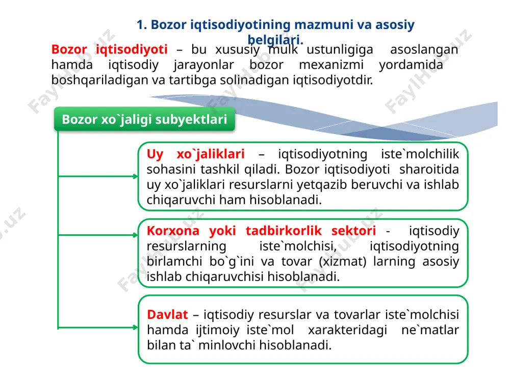 uylari, supermarketlar, savdo agentliklari,birjalar, auksionlar va boshqa savdo –sotiq muassasalari. iii.moliya kredit munossabatlariga xizmat qiluvchi muassasalar: kredit – bank muassasalari, sug`urta va moliya kompaniyalari, soliq idoralari. iv. ijtimoiy sohaga xizmat ko`rsatuvchi muassasalar: uy –joy va kommunal xizmati idoralari, mehnat birjasi va agentliklari. v. axborot xizmati idoralari: auditorlik firmalari, huquqiy masla-hatnomalar, axborot agentliklari. 4. bozor infratuzilmasi va uning usullari. bozor infratuzilmasi – bu bozor aloqalarini o`rnatish ularning bir maromda amal qilishini ta`minlashga xizmat ko`rsatuvchi muassasalar. universal birjalar – har xil tovarlar bilan savdo –sotiq qiladi. ixtisoslashgan birjalarda – ayrim turdagi yoki bir guruhga kiruvchi tovarlar sotiladi. tovar birjasi – namuna yoki andozalar asosida ommaviy tovarlarning muntazam savdo – sotiq ishlarini o`tkazuvchi tijorat muassasasi. broker (makler) lar – bu tovar, fond va valuta birjalarida oldi –sotdi bitimlarini tuzishda vositachilik qiladigan shaxs yoki maxsus firmalar. auksionlar – alohida xususiyatlarga ega bo`lgan tovarlarni sotish uchun muayyan joylarda tashkil qilingan maxsus kim oshdi savdo muassasi. …