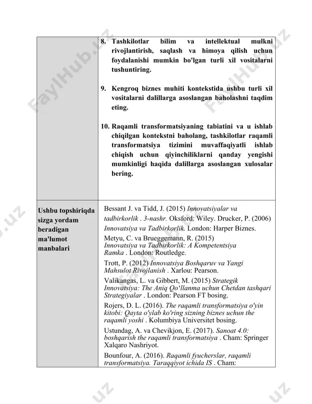 anday o‘lchash mumkinligini o‘z ichiga olgan batafsil raqamli transformatsiya biznes-holatini tuzing. lo4 raqamli transformatsiya strategiyalari doirasida g‘oyalarni himoya qilish uchun qo‘llaniladigan turli usullarni ko‘rib chiqing va ularning afzalliklari va kamchiliklarini tushuning. p6 tashkilotlar bilim va intellektual mulkni rivojlantirish, saqlab qolish va himoya qilish uchun qo‘llaniladigan turli vositalarni tushuntiring. m4 ushbu turli vositalarni kengroq biznes muhiti kontekstida dalillarga asoslangan baholashni taqdim eting.