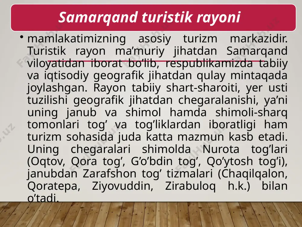 a. samarqand turistik mintqasining turistik resurslari salohiyati juda katta bo’lib afrosiyob arxeologik majmuasi, mirzo ulug’bek rasadxonasi, shohi zinda arxitektura majmuasi, hazrati hizr masjidi, bibixonim masjidi, ulug’bek madrasasi, sherdor madrasasi, tillakori madrasasi, ruhobod maqbarasi, oqsaroy maqbarasi, go’ri amir maqbarasi, namozgoh masjidi, ishratxona maqbarasi, hoja ahror majmuasi, hoja abdu darun qabristoni kabilarni o’z ichiga oladi 4. mintaqada turizm turlarini rivojlantirish imkoniyatlari. o`zbekiston turistik resurslarning boyligi bilan ajralib turadi. o`zbekistonda diniy turizm, ya’ni aziz qadamjolarni ziyorat qilish maskanlariga juda boy hisoblanadi. jumladan, markaziy osiyoda, qolaversa jonajon o`zbekistonimizda ham aziz avliyolar yashab, dafn etilgan qadamjolar, ziyorat maskanlari beqiyos ko`p. ko`pgina avliyolarning dafn etilgan joylari va qabrlari qaytadan ta’mirlanib, asl holatiga keltirilmoqda. ular qatoriga bahoviddin naqshbandiy, g`ijduvoniy, imom al-buxoriy, mahtumi a’zam, shohizinda, motrudiy, hakim at-termiziy, zangiota kabi aziz avliyolar va imomlar maqbaralari musulmon ahlining beqiyos, go`zal ziyorat qiladigan va ma’naviy ruhlanadigan joylariga aylantirildi. imom al-buxoriy majmuasini muhim ziyoratgohga aylantirish xalqaro ahamiyatga egadir. ziyoratgoh musulmon olamida …