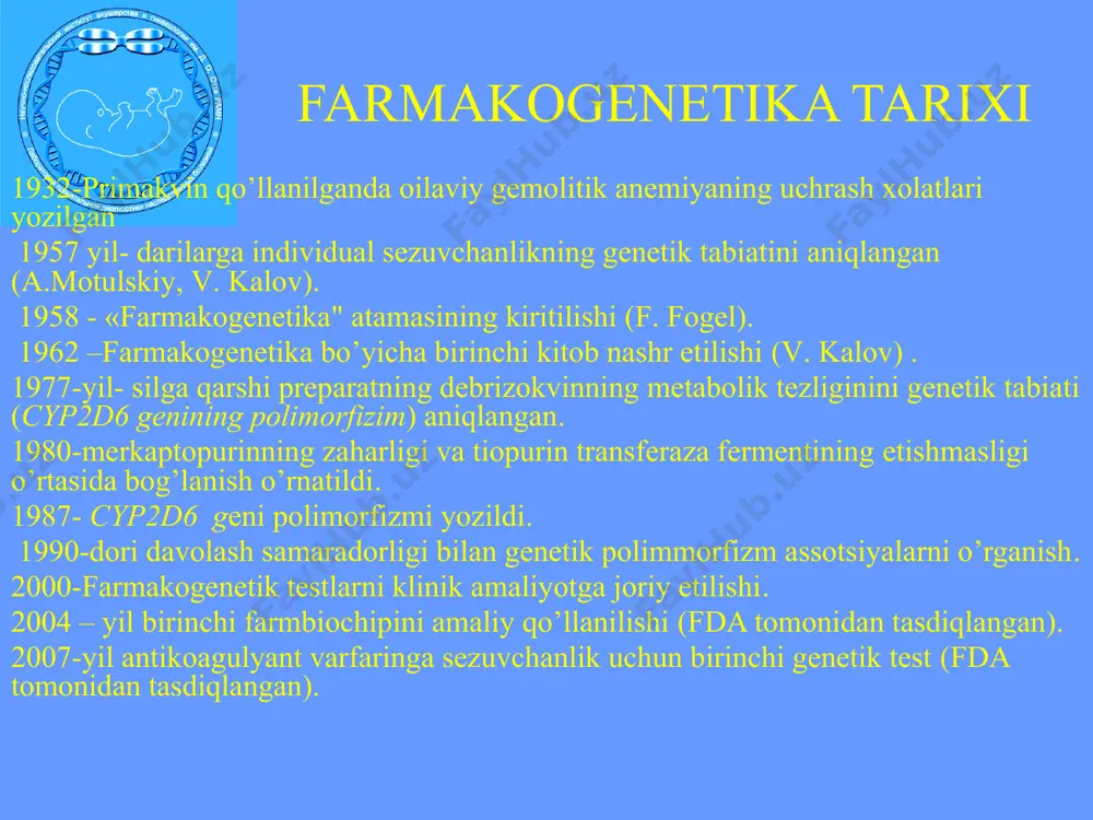 zmi va dorilar chiqib ketishi farmakodinamika – konsentratsiya, mahalliy ta’sir va samaradorlik o’rtasidagi bog’liqlik dorilar fenotiplanishi- farmakokinetik substrat bo’yicha dori faolligini to’g’ridan- to’g’ri aniqlash usuli genotiplash - dorilar metabolizmini aniqlashda, gen poliorfizmi tahlili genetik geterogenlik – gen polimorfizmi farmakogenetika – dorilarga individual reaksiya farmakogenomika – soyuz funksional genomika va molikulyar farmakologiyaning funksional ittifoqi genlarning funksiyasiga qarab dorilarning fenotipik ta’siri,farmakokinetika va farmakodinamika . birinchi genetik test , fda tomonidan tasdiqlangan 2007 y. (cyp2c9 ва vkorc1 ) antikaugulyant – varfarin qo’llanishi dorilar metabolizmi yuqori jigar klirensli dorilar: aminazin, aspirin, kortizon, morfin, rezerpin, metoprolol, metiltestosteron vaboshqalar. past jigar klirensli dorilari: teofillin, parasetamol dori metabolik tezligiga ko’ra farqlanishi: «ekstensiv" metabolizatorlar-norma “sekin" metabolizatorlar kamayish “tez yoki juda faol" metabolizatorlar detoksikatsiya bosqichlari 1 bosqich nosintetik reaksiya (doriga oid– dori) aralash funksiyali oksidazalar qaytarilish va gidroliz reaksiyalari ii bosqich sintetik reaksiya metabolik faol radikallar orqali dori konyugatsiyasi(i bosqich) dori moddalarining metabolizmi faqat i bosqich yokiii bosqich fermentlar …