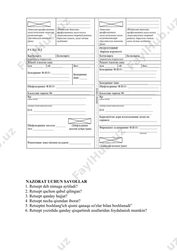 it. 8. tinctura valerianae sumitur. 9. gemmas betulae servat. 10. gemmae betulae servantur. 11. herbam convallariae concidit. 12. herba convallariae conciditur. 3. retseptlarni o„zbek tiliga tarjima qiling. 1. recipe: tincturae schizandrae 50 ml da. signa: kuniga 2 marta 20-25 tomchidan ichilsin. 2. recipe: tincturae araliae 50 ml da. signa: kuniga 3 marta 20 tomchidan ichilsin. 3. recipe: tincturae sterculiae 50 ml da. signa: kuniga 3 marta 20 tomchidan ichilsin. 4. recipe: tincturae convallariae 15 ml da. signa: kuniga 2-3 marta 15 tomchidan ichilsin. 4. retseptlarni lotin tiliga tarjima qiling. 1.ol: arnika nastoykasi 25 ml ber. belgila: kuniga 3 marta 20 tomchidan ichilsin. nazorat uchun savollar 1. retsept deb nimaga aytiladi? 2. retsept qachon qabul qilingan? 3. retsept qanday hujjat? 4 retsept necha qismdan iborat? 5. retseptni boshlang'ich qismi qanaqa so'zlar bilan boshlanadi'1 6. retsept yozishda qanday qisqartinsh usullaridan foydalanish mumkin? image1.jpeg