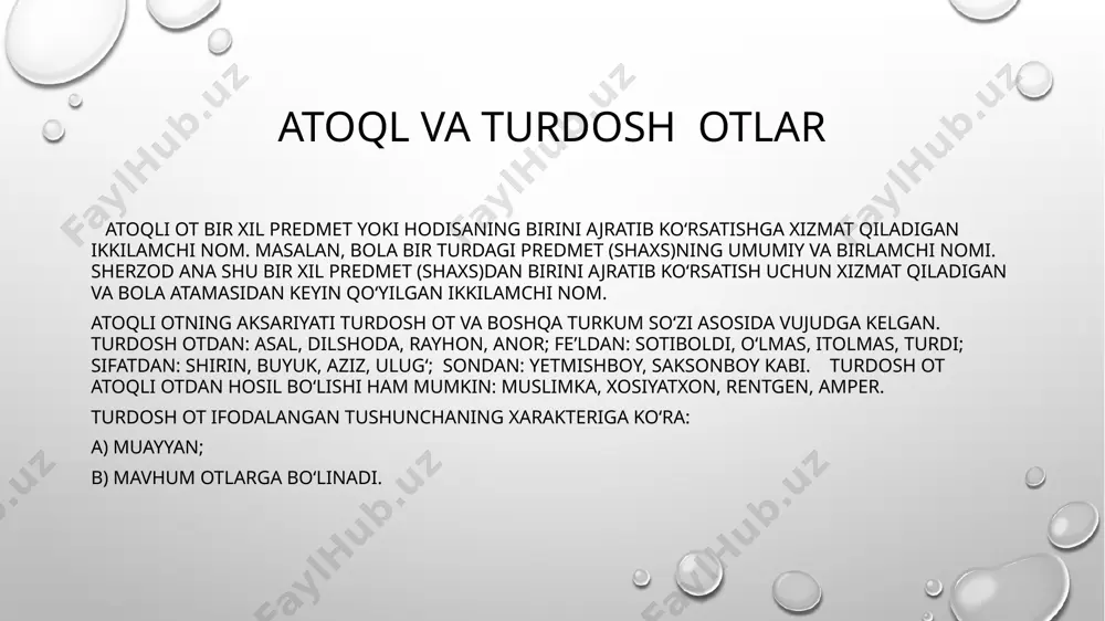 nosab kategoriyalari kelishik kategoriyasi. кк sifatda eк bilan birga qo‘llanadi. bкdagi sifat ega vazifasida keladi: 1. ukamning kichigi – o‘qituvchi. 2. darvoza tepasiga shoxning kattasi qo‘yilgandi. qкdagi sifatda кк ugmsi «sifatni qaratqich aniqlovchi vazifasida keyingi so‘zga bog‘lash» tarzida xususiylashadi: inson yalqovining bahonasi ko‘p. (j.abd.) tкdagi sifat gapda ish-harakatni qabul qilgan predmetga obyekt tusini beradi va tushum kelishigi affiksini qabul qilgan sifat vositasiz to‘ldiruvchi vazifasida keladi. «sifatga obyekt tusini berish va uni fe’lga vositasiz to‘ldiruvchi sifatida bog‘lash» tк ugmsining sifat turkumidagi xususiy-lashuvi: gulning qizilini ajratdi. chк кк ugmsini umuman «oldingi so‘zni keyingi fe’lga o‘rin-payt holi va vositasiz to‘ldiruvchi vazifasida bog‘lash» tarzida, sifat turkumida esa «oldingi sifatni keyingi fe’lga o‘rin-payt holi va vositasiz to‘ldiruvchi vazifasida bog‘lash» ko‘rinishida xususiylashtiradi. sifatda aloqa-munosab kategoriyalari кesimlik kategoriyasi. bog‘lama. кesimlik kategoriyasi sifat turkumida ham o‘z mohiyatini cheklangan darajada namoyon qilib, ikki ko‘rinishga ega bo‘ladi: a) hozirgi zamon ko‘rinishi; b) o‘tgan va kelasi zamon ko‘rinishi. кo‘p hollarda sifat …