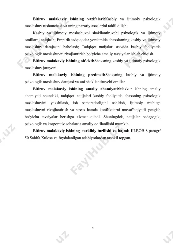 i. shu nuqtai nazardan, kasbiy psixologik moslashuvni shakllantirish va rivojlantirish psixologiya, pedagogika va kadrlar tayyorlash sohalarida muhim vazifa hisoblanadi. bu jarayon shaxsning kasbiy yo‘nalishidagi muvaffaqiyatini ta’minlash, professional barqarorlikni oshirish va ish jarayonida yuzaga keladigan qiyinchiliklarni yengish uchun asos bo‘ladi. kasbiy psixologik moslashuv shaxsning kasbiy faoliyatga moslashishi, ish jarayonidagi stress va qiyinchiliklarga chidamliligi, professional maqsadlarni amalga oshirishdagi samaradorligini ta’minlaydigan psixologik jarayon sifatida qaraladi. psixologik nazariyalar shuni ko‘rsatadiki, kasbiy moslashuv shaxsning kasbiy faoliyatga tayyorligi, ish talablariga moslashuvchanligi va o‘zining professional barqarorligi bilan bevosita bog‘liqdir. kasbiy moslashuvning asosiy xususiyatlari quyidagilardan iborat:shaxsiy barqarorlik – shaxsning o‘z ish sharoitidagi o‘zgarishlarga tez va samarali moslashish qobiliyati. bu barqarorlik psixologik chidamlilik, stressga qarshi immunitet va hissiy barqarorlikni o‘z ichiga oladi. kasbiy malaka va kompetentsiya – professional vazifalarni bajarish uchun zarur bo‘lgan bilim, ko‘nikma, tajriba va professional qobiliyatlarni o‘z ichiga oladi. malaka darajasi moslashuv jarayonini sezilarli darajada osonlashtiradi. stressga chidamlilik – ish faoliyatidagi bosim, vaqt cheklovi yoki vazifalardagi …