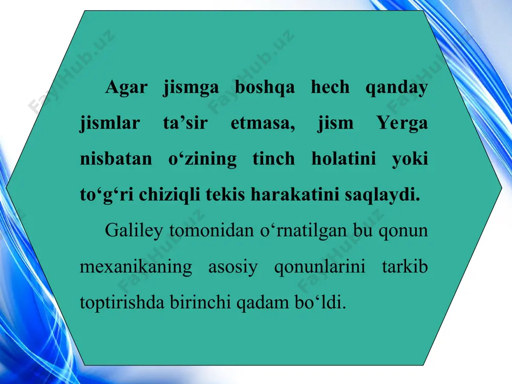 hash kerak. buning uchun uni boshqa bir etalon kuch bilan solishtiriladi. tabiati jihatidan qanday bo‘lishidan qat’i nazar, kuchlarning jismga bir vaqtdagi ta’siri uning tezligini o‘zgartirmasa (ya’ni, unga tezlanish bermasa), moduli jihatidan teng va qarama-qarshi yo‘nalgan bo‘ladi. tajribalar shuni ko‘rsatadiki, jismning olgan tezlanishi unga qo‘yilgan kuchdan tashqari jismning xossalariga ham bog‘liq. demak, bu xossani aniqlashtirib olish zarur. mexanikada bu xossa jism massasi bilan ta’rifl anadi. sizga 7-sinfdan ma’lumki, jismga qo‘yilgan kuchning jism olgan tezlanishiga nisbati o‘zgarmas kattalikdir massa – jismning inertlik xossasini belgilaydi, ya’ni uning kuch ta’sirida qanchalik tezlanish olish qobiliyatini xarakterlaydi. massa tushunchasi kiritilganidan so‘ng, dinamikaning ikkinchi qonuni quyidagicha tavsifl anadi: jismning olgan tezlanishi qo‘yilgan kuchga to‘g‘ri, jismning massasida teskari proporsional bo‘ladi: bu ifoda tabiatning shunday bir fundamental formulasiki, unga ulkan osmon jismlarining harakati ham, shamol uchir gan mayda qum zarrasining harakati ham bo‘ysunadi. yuqorida aytilganidek, o‘zaro ta’sir har doim juft bo‘ladi. masalan, 2.1-rasmda alisher bahodirga arqon orqali ta’sir qilsa, …