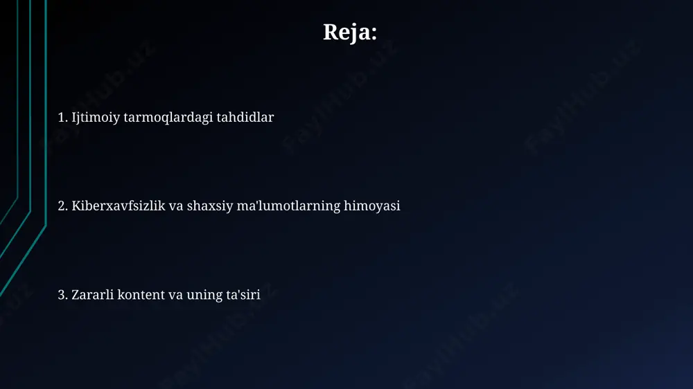 latning yomonlashishiga olib kelishi mumkin. zararli kontent kiberbullying va tahdidlar, jumladan, shaxsiy ma'lumotlarni oshkor qilish bilan bog'liq 3000 dan ortiq shikoyat 2022-yilda samarqand viloyatida qayd etilgan. zararli kontentning 70% dan ortig'i yashirin reklama va firibgarlik sxemalari orqali tarqatiladi, jumladan, 2023-yilda toshkent shahrida 500 dan ortiq firibgarlik holati qayd etilgan. kiber-tajovuz va zo‘ravonlik 2022-yilda o‘zbekistonda kiber-tajovuz va zo‘ravonlik qurbonlarining 30% dan ortig‘i 18 yoshgacha bo‘lgan yoshlarni tashkil etganligi aniqlangan. toshkent shahri bo‘yicha kiber-politsiya xodimlari 2023-yilning birinchi choragida 500 dan ortiq kiber-tajovuz va zo‘ravonlik holatlarini ro‘yxatga olgan. bog‘lanish va munosabatlarga tahdid ijtimoiy tarmoqlardagi 2023 yilgi hisobotlarga ko'ra, o'zbekistonda 15 yoshdan 25 yoshgacha bo'lgan yoshlar orasida onlayn zo'ravonlik va kiber-tajovuz natijasida munosabatlarning buzilishi holatlari 30% ga oshgan. so'nggi 5 yilda, toshkent shahrida yolg'on profil va identifikatorlar orqali munosabatlarga putur yetkazish holatlari 2 barobar ko'paygan, bu esa 1000 dan ortiq jinoyat ishlariga sabab bo'lgan. onlayn qaramlik aqshning milliy sog'liqni saqlash instituti tadqiqotlari shuni ko'rsatadiki, …