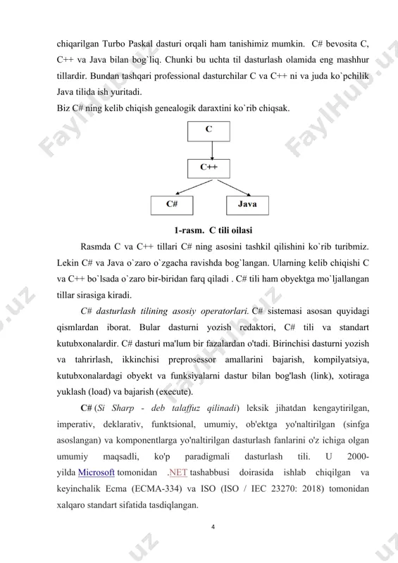 eratorlarni, lokal oʻzgaradigan tartiblarni va boshqa mukammallashtirishlarni qoʻshib bu muammoni hal qildi. shunday tarzda nisbatan katta dasturlarni yozish imkoniyati vujudga keldi. aynan c# tili kuch, elegantlik va maʼnodorlikni oʻzida muvaffaqiyatli birlashtirgan birinchi strukturaviy til boʻldi. uning boʻlishi mumkin boʻlgan xatolar masʼuliyatini tilga emas dastur tuzuvchi zimmasiga yuklaydigan prinsiplar bilan inobatga olgan holda sintaksisdan foydalanishdagi qisqalik va osonlik kabi xususiyatlari tezda koʻplab tarafdorlarini topdi. bugungi kunda biz mazkur sifatlarni oʻz oʻzidan anglashiladigan deb hisoblaymiz, lekin s da birinchi marotaba dastur tuzuvchiga zarur boʻlgan ajoyib yangi imkoniyatlar mujassamlashtirilgan. natijada 1980-yillardan boshlab s strukturaviy dasturlash tillari orasida eng koʻp foydalaniladiganlaridan biri boʻlib qoldi. biroq, dasturlashning rivojlantirish choralariga koʻra bundanda kattaroq dasturlarni qayta ishlash muammosi kelib chiqmoqda. loyiha kodi maʼlum bir hajmga yetgan zahoti (uning raqamli ahamiyati dastur, dastur tuzuvchi, foydalanilgan instrumentlarga bogʻliq boʻladi, lekin taxminan 5000 satr kodlari nazarda tutilayapti) s-dasturlarini tushunish va kuzatib borishda qiyinchiliklar yuzaga keladi. c# dasturlash tilining alfaviti quyidagilardan …