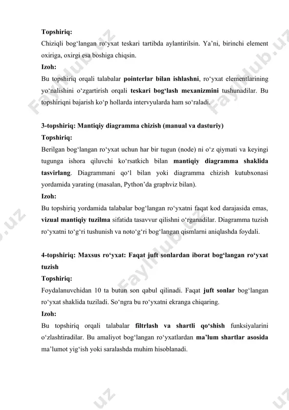 ‘ngra bu ro‘yxatni ekranga chiqaring. izoh: bu topshiriq orqali talabalar filtrlash va shartli qo‘shish funksiyalarini o‘zlashtiradilar. bu amaliyot bog‘langan ro‘yxatlardan ma’lum shartlar asosida ma’lumot yig‘ish yoki saralashda muhim hisoblanadi.