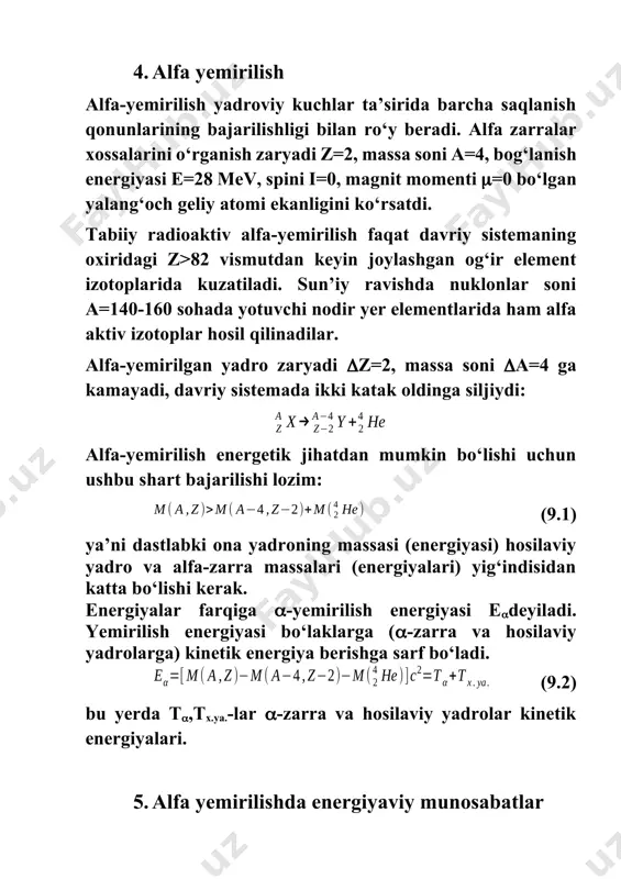 ashgan geliy atomi hisoblanadi (geliy yadrosi), alfa zarrachalarni tezlatgichlar yordamida tezlashtirish orqali nishon yadrolarga yo’naltirsak ular yadroga kirib borishda yadro protonlari bilan o’zaro elektromagnit kuchlar ta’sirida itarishadi. yuqori energiyali alfa zarralar yadrolargacha yetib boradi va yadroni tashkil etgan nuklonlarga energiyasini beradi. oqibatda ortiqcha energiya olgan nuklonlar yadroni tark etadi. alfa zarralar ta’sirida bo’ladigan yadro reaksiyalarida ham reaksiyaning chiqishi ehtimolioyat bilan aytiladi. bu reaksiyalarda hosil bo’ladigan element va zarralar turlicha bo’lishi mumkin. gamma kvantlar, neytron, proton, yengil yadrolar, deytron,tritey va hokazo.reaksiyaning chiqishi ostona energiyasiga ham qaysidir jihatdan bog’liq lekin bu ham statestik harakterga ega. hosil bo’layotgan zarralarning energiyani taqsimlash maksvell qonuniga, ya'ni ma'lum bir haroratda amal qiladiyadrolarning ma'lum bir qismi o'rtacha energiyaga ega bo'ladi,ikkinchidan, energiya kamroq bo'lgan yadrolar e 0) va endoenergetik (e 0, bo‘lsa t2>t1 – ekzoenergetik reaksiya. t2>t1 bo‘lib, bunda tinch holat energiyasi harakat energiyasiga aylanadi. ekzoenergetik reaksiyada zarra yadro to‘sig‘ini yengib yadroga kiraolsa yetarli. masalan: q 10 mev …