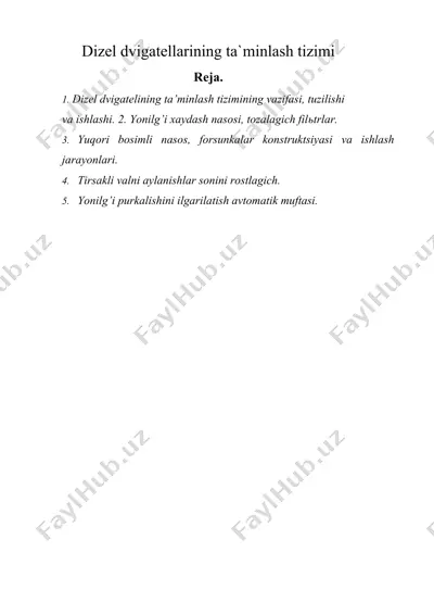 dizel dvigatellarining ta`minlash tizimi — DOCX