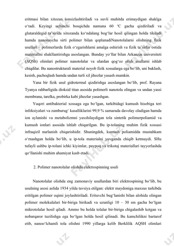 2.1-rasm. polimer eritmalaridan nanotolalar olishning elektrospinning qurilmasini ishlash prinsipi va nanotjlalar bunday elektrospinning usuli uch qismdan iborat. birinchi qismda, polimer eritmani maxsus shpritsdan diametri 0,5 mm atrofida bo‘lgan kapillyardan o‘rtacha 1 ml/s hajmiy sarflanish miqdoridagi tezlik bilan siqib chiqarish orqali tola hosil qiluvchi oqimni vujudga keltiladi. ikkinchi qismda, kapillyardan chiqayotgan tola hosil qiliuvchi oqimga yuqori kuchlanishli anod toki beriladi (miqdori 0,5 – 30 kilovolt va undan boshqa diapazonda ham bo‘lishi mumkin) va oqim sochib yuboriladi. uchinchi qismda esa katod – kollektor sochilgan oqimni o‘ziga tortadi va buning natijasida fazaviy ajralish ro‘y beradi, ya’ni tola bo‘lib shakllangan oqim katodga boradi va erituvchi esa bug‘lanib ketadi. katodda hosil bo‘lgan nanotolalar yig‘iladi. bunday yo‘l bilan, hozirgacha 100 dan ortiq turli xil tabiiy va sintetik polimerlar asosida diametri nano- va mikroo‘lchamlarda bo‘lgan tolalar olingan. ammo hanuz tolaning tekis bir diametrli bo‘lishini ta’minlash muammosi mavjuddir. masalan doktor li va uning hamkasblari yaqin maydonli elektrospinning yordamida …