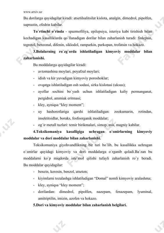 qilish tufayli yuzaga kelgan zaharlanishlarda oradan yarim-bir soat o`tgach qorinning yuqori, o`rta sohasida (me`da joylashgan sohada) og`riq, ko`ngil aynish, qusish, bosh aylanish kabi belgilar seziladi. 2.bundan tashqari qabul qilingan har bir kimyoviy modda yoki dori moddaning o`ziga xos ta`siri bo`lib, shunga xos maxsus belgilar paydo bo`ladi. masalan: - tinchlantiruvchi va uxlatuvchi dorilar: elenium, seduksen, lyuminal, barbital, barbamil, galoperidol, nazepam, fenazepam, sibazon, dimedrol, pipolfen, suprastin kabilarni qabul qilgan bo`lsa 30-60 minutdan keyin ko`zi qisila boshlaydi, yurganda gandiraklaydi, boshi aylanadi, yotadi va chuqur uyquga ketadi. uyqu paytida og`ir koma holati yuzaga kelishi, ya`ni nafasi, yuragi to`xtab qolishi mumkin; - gipertoniya kasalligida qon bosimini pasaytirish uchun qo`llanadigan, klofellin, adelfan, raunatin kabi dorilarni qabul qilish natijasida zaharlanganda arterial qon bosimi normadan pastga tushadi, rangi oqaradi, boshi aylanadi, yurak urishi kuchsizlanadi, yurak to`xtab-to`xtab uradi, ya`ni yurakning ekstratsistolik aritmiyasi yuzaga kelishi mumkin; - yurak sanchganda qo`llanadigan nitroglitserin, sustak, nitrong dorilari bilan zaharlanganda arterial qon bosimi normadan …