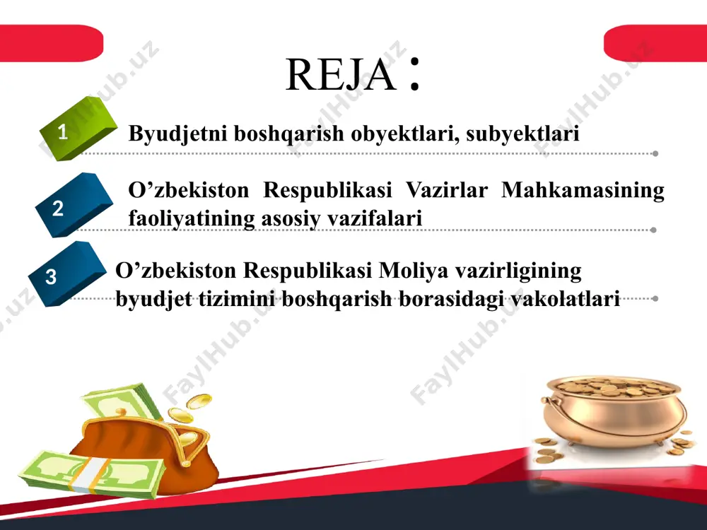 arining byudjet sohasidagi vakolatlari;  o’zbekiston respublikasi moliya vazirligining byudjet sohasidagi vakolatlari;  hududiy moliya organlarining byudjet sohasidagi vakolatlari;  byudjet mablag’larini taqsimlovchilarning byudjet sohasidagi vakolatlari;  byudjet tashkilotlarining va byudjet mablaglari oluvchilarning byudjet sohasidagi vakolatlari;  davlat maqsadli jamg’armalarini taqsimlovchi organlarning byudjet sohasidagi vakolatlari. byudjet kodeksi o’zbekiston respublikasi vazirlar mahkamasining byudjet tizimini boshqarishdagi vakolatlari -davlat byudjeti va davlat maqsadli jamg‘armalari byudjetlari, shuningdek, soliq va byudjet siyosatining asosiy yo‘nalishlari loyihalarini ishlab chiqish jarayonini tashkil etadi hamda muvofiqlashtirib boradi; -davlat byudjeti va davlat maqsadli jamg‘armalari byudjetlari, shuningdek soliq va byudjet siyosatining asosiy yo‘nalishlari loyihalarini ko‘rib chiqish hamda tegishli xulosa taqdim etish uchun o‘zbekiston respublikasi hisob palatasiga yuboradi; -byudjetnoma loyihasini ko‘rib chiqadi va tasdiqlaydi; -byudjetnomani o‘zbekiston respublikasi oliy majlisining palatalariga taqdim etadi; davlat boshqaruvi organlarining davlat byudjetini va davlat maqsadli jamg‘armalari byudjetlarini ijro etish borasidagi faoliyatini muvofiqlashtirib boradi hamda nazorat qiladi; davlat byudjetining va davlat maqsadli jamg‘armalari byudjetlarining ijrosi to‘g‘risidagi hisobotlarni har …
