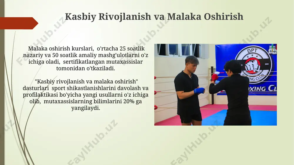jarayonida shikastlanish holatlarida 100 dan ortiq sud ishlari tahlili shuni ko'rsatdiki, 70% hollarda kontraktlarda aniq mas'uliyat belgilanmagan. sport shifokorlarining malakasi va litsenziyalanishiga oid qonunchilik normalari 2018 yildan beri 3 marta o'zgartirilgan, bu esa mutaxassislarning huquqiy javobgarligini kuchaytiradi. professional amaliy jismoniy mashg'ulotlarning maqsadlari professional amaliy jismoniy mashg'ulotlarning asosiy maqsadlaridan biri – harakatlarning texnikasini takomillashtirish orqali sport natijalarini 10-15 ballga yaxshilashdir. professional amaliy jismoniy mashg'ulotlarning maqsadlaridan biri – sportchilarning jismoniy tayyorgarligini 15-20% ga oshirish orqali mushak kuchini, tezligini va chidamliligini yaxshilashdan iborat. sog'lom turmush tarzini shakillantirish sog'lom turmush tarzini shakillantirish dasturida to'g'ri ovqatlanish bo'yicha 5 ta asosiy prinsip, 10 ta amaliy tavsiya va haftalik menyu rejalari beriladi. “sog'lom turmush tarzini shakillantirish” dasturi doirasida 30 yoshdan oshgan 150 nafar ishtirokchining 80 foizi jismoniy faollik darajasini 2 barobar oshirgan. jismoniy mashqlar va ruhiy salomatlik jismoniy mashqlar depressiya xavfini 30% ga kamaytirishi va serotonin kabi baxt gormonlarining ishlab chiqarilishini 2-3 barobar oshirishi isbotlangan. yengil yoki …