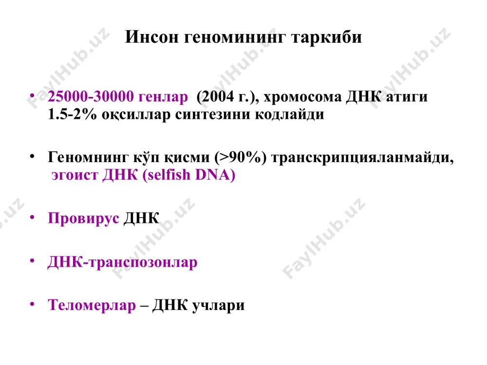 otor aktseptor qism struktur genlar terminator qism transkriptsiya 3 bosqichda kechadi: initsiatsiya elongatsiya terminatsiya rnk-polimeraza (mol.og'ir. 390000) oligomer oqsil bo'lib, quyidagi subbirliklardan tashkil topgan: 2ta α-subbirlik (mol.og'ir. 36000). initsiatsiya funktsiyasini bajaradi. 2ta β-subbirlik (mol.og'ir. 151000 va 155000). katalitik funktsiyani bajaradi (elongatsiya). ω-subbirlik (mol.og'ir. 11000). δ-subbirlik . promotorni taniydi va unga rnk polimeraza bog'lanadi. dnkga bog'liq rnk-polimerazaning 3 turi tafovut etiladi: rnk-polimeraza i - 5,8s, 18s, 28srrnk sinteziga javobgar rnk-polimeraza ii - mrnk sinteziga javobgar rnk-polimeraza iii - trnk va 5srrnk sinteziga javobgar protsessing jarayoni o'z ichiga oladi: noinformativ qismlar (intronlar) pre-rnk kyarnp (splaysosomalar) ta'sirida uzilishi. intronlar funktsional faol emas, ularning 5'- va z'-uchlaridagi aggu- va gagg- splaysing saytlari kesishi mumkin. informativ qismlar (ekzonlar) splaysosomalar ta'sirida ulanadi. 51 va 31 oxirlar modifikatsiyalanishi. 51 uchi gtf va guanililtransferaza ta'sirida 7n-metilguanozinni xosil qiladi. bu translyatsiyaning initsiatsiyasini ta'minlaydi, mrnk yashash davrini uzaytiradi va tsitoplazmadagi 5'-ekzonukleazalar ta'siridan saqlaydi. 31 oxirlari 100-200 adenilat kislota qoldiqlarini aauaaa- …