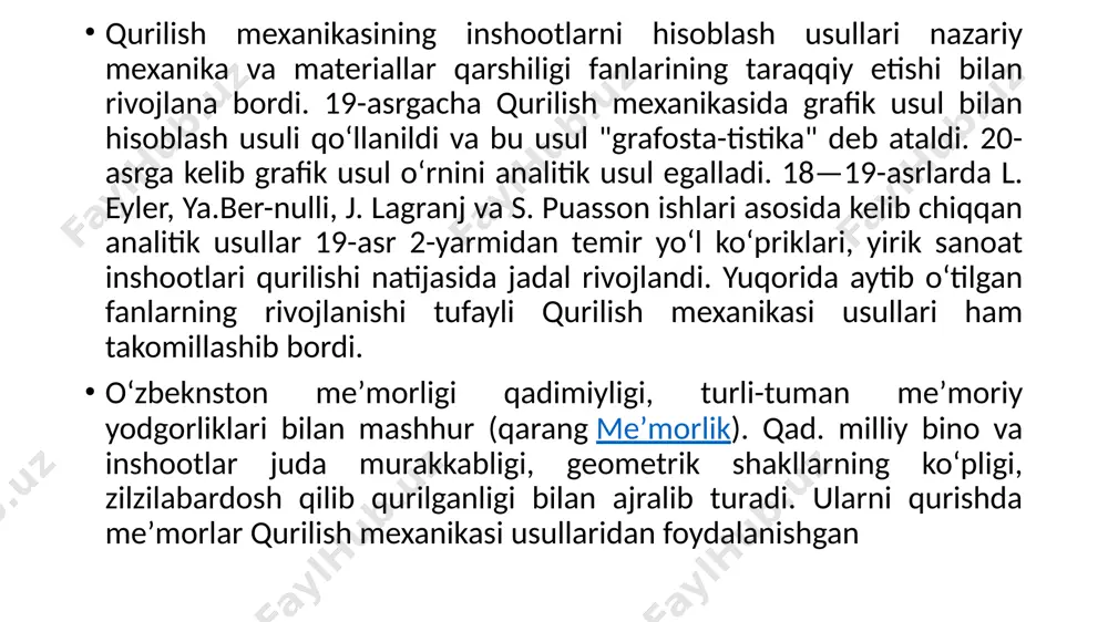dan hozirgi davrgacha bolgan tarixi qurilish mexanikasiga ham bevosita aloqadir. eradan avvalgi vi–asrlarga kelib, qadimgi ajdodlarimiz hozirgi zamon atamasi bilan aytganda, gidravlika, qurilish mexanikasi, statika, dinamika va koinot mexanikasiga oid boshlangich elementar bilimlardan xabardor bolganlar. masalan: kanallar otkazish, ekinlarni sugorish, suvni tepaliklarga olib chiqish kabi ishlarni ishlarni bajarganlar. hozirgi pokiston hududida joylashgan mohinja–dora shahrida eradan avvalgi iii asrda suv quvurlari (vodoprovod) va yomgir suvlarini chetga chiqaradigan kanalizatsiya tarmogi bolgan. vodoprovod tarmogi bundan 2500 yil muqaddam respublika hududida joylashgan afrosiyob (qadimgi samarqand) ahlini zilol suv bilan taminlab turgan. kop asrlik tajriba asosida tosh, hom gisht va pishiq gisht mustahkamliklari orasidagi tafovut tola organildi. eradan avvalgi vi–asrlarga kelib, qadimgi ajdodlarimiz hozirgi zamon atamasi bilan aytganda, gidravlika, qurilish mexanikasi, statika, dinamika va koinot mexanikasiga oid boshlangich elementar bilimlardan xabardor bolganlar. masalan: kanallar otkazish, ekinlarni sugorish, suvni tepaliklarga olib chiqish kabi ishlarni ishlarni bajarganlar. hozirgi pokiston hududida joylashgan mohinja–dora shahrida eradan avvalgi iii asrda …