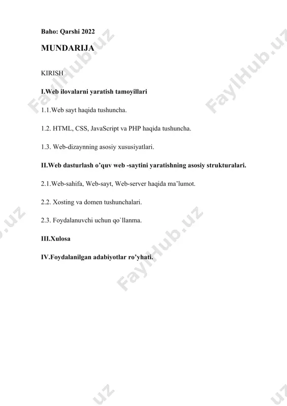 adabiyotlar ro’yhati. kirish hozirgi kunda web texnologiyalar bilan qiziquvchilar ko`payib bormoqda va teng ravishda web texnologiyalarga talab ham ortib bormoqda. hozirda web texnologiyalarni o`rgatuvchi saytlar juda ko`p va ularning ichidan aniq ma’lumot topish qiyin bo`lishi mumkin. web dasturlash o’quv web-saytida web texnologiyalar bo`yicha ko`plab ma’lumotlar topish mumkin. web saytning ko`pgina imkoniyatlari va qulayliklarini quyida keltirilgan. web texnologiyalardan bilimi kam bo`lgan inson ham foydalana oladi va o`z bilimlarini mukammallashtirish imkoniga ega. bu web saytning eng katta avzalligi darsliklarda keltirilgan misollarni web saytni o`zida ishlatib kodni tekshirish imkoniyati yaratilgan. internetning ommaviyligi haqida gapirish o‘rinsiz. internet hayotimizning bir bo‘lagiga aylandi, biz uning xizmatlaridan har kuni foydalanishga odatlandik. hozirda ixtiyoriy inson web-texnologiyalarning inson hayotining ta‘lim, kommersiya, siyosat, ko‘ngil ochar , … bo‘laklariga kirib borganligini tasavvur eta oladi va uning guvohi va foydalanuvchisiga aylanmoqda. dastlabki web-sahifalar juda sodda tuzilishga ega bo‘lib, ular matnni formatlash va gipеrko‘rsatkichlardan tarkib topgan edi. web tеxnologiyalar rivojlanishi natijasida web sahifalar …