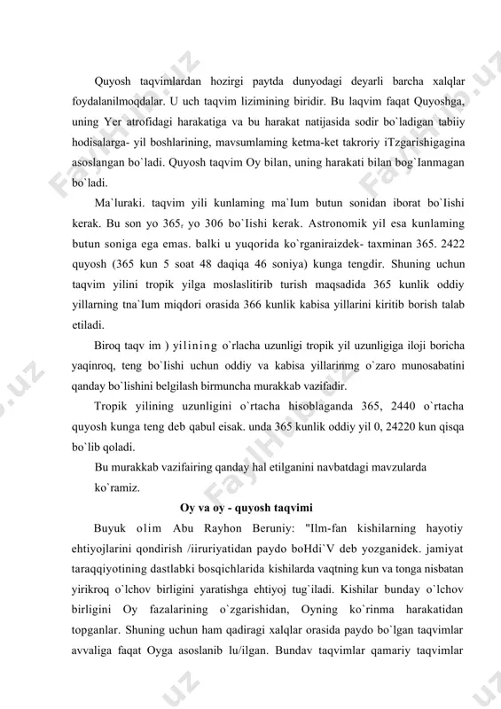rining dinlarida katta aliamiyat kasb etgan. bu taqvim islom diniga e`tiqod qiluvchi xalqlarda doimo amal qilib keladi. astronomiya faniga ham dastlabki tamal toshi sharqda vujudga keiib, bu yerlik munajjimlar oyni ntganishda, ayniqsa uning ikkita bir xil fazalari o`rtasidagi vaqtni aniqlashda katta yutuqlarga erishganlar. oyning yer atrofida quyoshga nisbatan bir marta to`iiq aylanib chiqish vaqti sinodik oy deb nomlanadi. sinodik oy davrining birmuncha aniqroq belgilanadigan payti uning oy boshiga (yangi oyga) to`g`ri keladigan paytidir. biroq yangi boshini, yangi oy tug`ilishini quyosh tutilgan paytlardagina aniqlash mumkin. quyoshning tutilishi esa juda kam kuzatiladigan hodisadir. shuning uchun oyning yangi oy lazasiga eng yaqin bo`lgan boshqa fazasini tanlab olishga, ya`ni yangi oy tug`ilganidan keyin uning ingichka o`roq shaklida birinchi marta ko`rinishini kuzatishga to`g`ri kelgan. oyning harakatidagi, ovgarishidagi bunday holatini qadimgi yunonlar neomeniya deb atashgan. buni biz hozir shartli rav ishda yosh oy deylik. yosh oyni biz oqshom paytlarida botib ulgurmasidan bir necha daqiqa ilgari ko`ra …