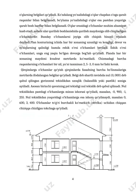 ozlariga tegishli shartli grafik belgilar qabul qilingan. quyida qurilish materiallarining shartli grafik belgilari berilgan (3 -chizma). binoning asosiy konstruktiv elementlariga poydevorlar, devor to‘siqlari, yopmalar, derazalar, eshiklar, tomlar, zinapoya va boshqalar kiradi. 1.4 binoning asosi va poydevori. binoning yer osti qismi poydevor hisoblanadi. u binodan keladigan barcha og‘irlik kuchini tuproq-gruntga o‘tkazadi. bu yerda tuproq binoning asosiy tayanch vazifasini o‘taydi. poydevorlar bino turiga qarab har xil bo‘ladi. 4 -chizmada 3 ta poydevor turining chizmalari berilgan. sokol poydevorning davomi hisoblanadi va u yerdan birinchi qavat asosigacha davom etadi. sokol devordan 10 -12 sm gacha chiqib turadi. ba’zi hollarda devordan 4 sm ichkariga kirib turishi ham mumkin (4 -chizma). devorlar kapital tashqi va kapital ichki, to‘siq (par devor) lar kabi ko‘rinishlarda bo‘ladi. devorlar yuqoridan tushadigan og‘irlikni poydevorga o‘tkazib beradi. bunday devorlar yuk ko‘taradigan yoki kapital devorlar deb ataladi. kapital devorlar yuk ko‘tarishdan tashqari to‘siq vazifasini ham o‘taydi (bino xonalarini obi-havo injiqliklari-qor, yomg‘ir, shamol va …