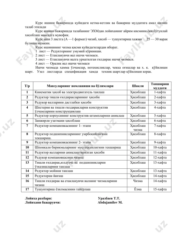 лаш 6-хафта 7 редуктор компановкасининг 1- этапи ҳисоблаш чизма 7-хафта 8 редуктор подшипникларининг умрбоқийлигини текшириш. ҳисоблаш 8-хафта 9 редуктор компановкасининг 2- этапи ҳисоблаш 9-хафта 10 шпонкали бирикмаларнинг мустаҳкамлигини текшириш ҳисоблаш 10-хафта 11 редуктор валларини аниқлаштирилган ҳисоби ҳисоблаш 11-хафта 12 редукор компановкасини чизиш ҳисоблаш 12-хафта 13 тишли ғилдирак,юлдузча ва подшипникларни ўтказишларини танлаш ҳисоблаш 13-хафта 14 редуктор мойини танлаш ҳисоблаш 13-хафта 15 редукторни йиғиш ҳисоблаш 14-хафта 16 тишли ғилдирак ва етакланувчи валнинг чизмаларини чизиш чизма 14-хафта 17 тушунтириш ёзилмасинин тайёрлаш ёзма 15-хафта лойиха рахбари: уразбаев т.т. лойихани бажарувчи: abdujamilov m. 1 2 3 4 5 6 7 8 9 10 11 12 13 14 15 16 17 18 19 20 21 22 23 24 fбара (кн) 14.8 12,8 18,65 15,34 16,85 18,52 19,24 19,65 10,12 10,26 11,54 12,66 13,56 13,45 10,56 8,456 9,558 10,656 17,24 13,56 6,756 5,46 3,16 12,64 vбар (м/с) 0,45 0,46 0,58 0,66 0,74 0,84 0,86 0,98 1,02 1,08 …