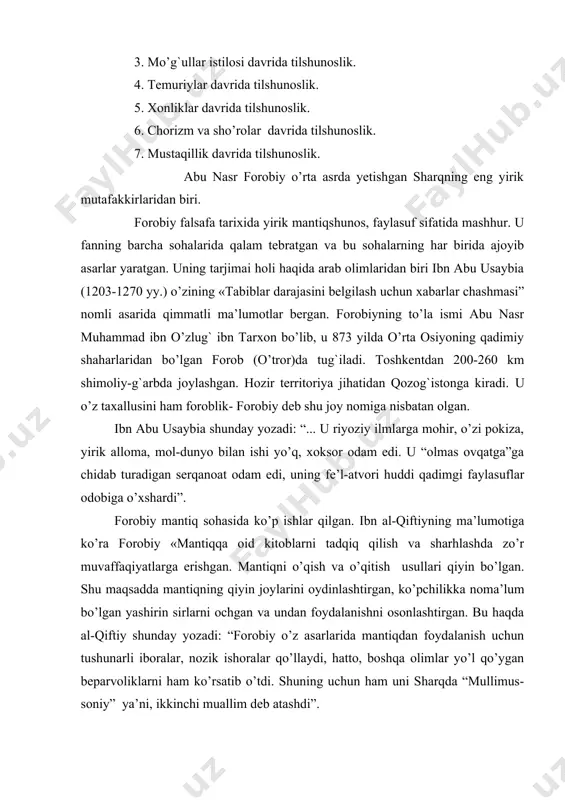 qish va o’qitish usullari qiyin bo’lgan. shu maqsadda mantiqning qiyin joylarini oydinlashtirgan, ko’pchilikka noma’lum bo’lgan yashirin sirlarni ochgan va undan foydalanishni osonlashtirgan. bu haqda al-qiftiy shunday yozadi: “forobiy o’z asarlarida mantiqdan foydalanish uchun tushunarli iboralar, nozik ishoralar qo’llaydi, hatto, boshqa olimlar yo’l qo’ygan beparvoliklarni ham ko’rsatib o’tdi. shuning uchun ham uni sharqda “mullimus-soniy” ya’ni, ikkinchi muallim deb atashdi”. тilshunoslikning falsafiy masalalari ichida markaziy o’rinni egallagan bilishning 2 bosqichi (hissi va idrokiy) umumiylik-xususiylik, mohiyat-hodisa dialektikasi haqida o’zining “falsafatu aristutolis” asarida ma’lumot beradi. uning ta’kidlashicha, faqat insongina bilishga intiladi. inson o’zini o’rab turgan olamni va o’zini o’zi bilish orqali yetuk mavjudotga aylanadi. bilish insonning mohiyati. bilishdan maqsad haqiqatga erishishdir, - deydi. har qanday bilish, avvalo, o’zining o’rab turgan olamdagi narsa va hodisalarni kuzatishdan boshlanadi. chunki tafakkur faoliyati bilan hosil qilingan mohiyat o’zining tabiiy asosidan oldin bo’lishi mumkin emas1. bu fikrlar v.gumboldt asarlarida ham uchratamiz, biroq v.gumboldtdan 900 yil avval aytilgan fikrlardir. forobiy …