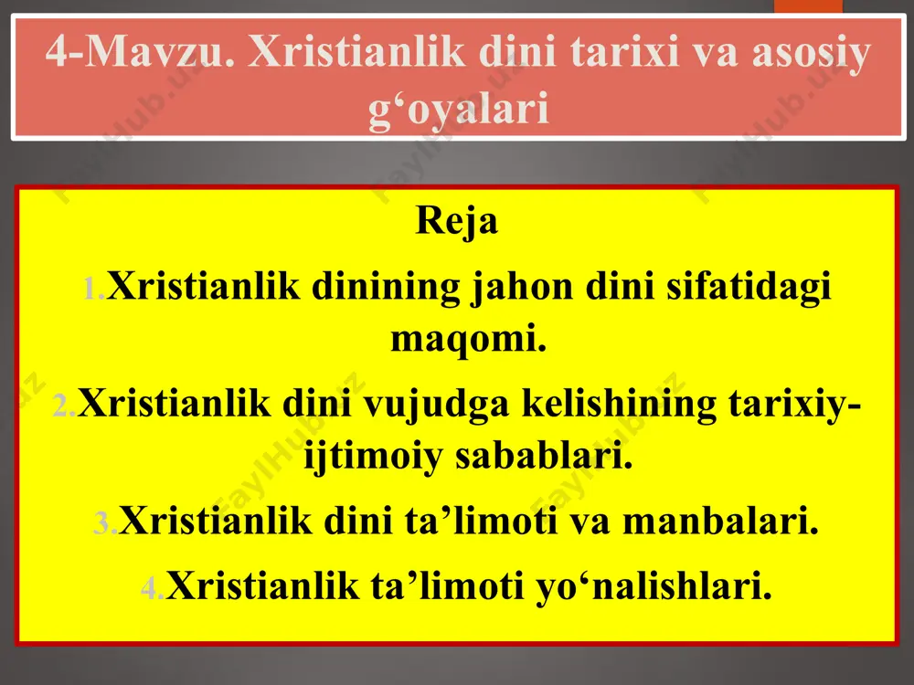 siyasini tasdiqladi. 3 havoriylar davri iso masihning o'limi va tirilishidan so'ng, uning shogirdlari (havoriylar) uning xabarini tarqatishni boshladilar. havoriylar, ayniqsa butrus va pavlus, xristianlikni falastin va rim imperiyasining boshqa hududlariga tarqatishda muhim rol o'ynadi. 5 xristianlikning tarqalishi: dastlabki asrlar dastlabki asrlar (1–4-asrlar) xristianlik dastlab rim imperiyasida kichik jamoalar (cherkovlar) sifatida tarqaldi. bu davrda xristianlar ko'pincha ta'qib qilindi va qattiq qarshilikka uchradi. rim imperiyasida tan olish 313-yilda rim imperatori konstantin milano farmonini e'lon qildi, bu xristianlikni qonuniy din sifatida tan oldi. keyinchalik, 380-yilda imperator feodosiy i xristianlikni rim imperiyasining rasmiy dini deb e'lon qildi. yevropada tarqalishi rim imperiyasi qulaganidan so'ng, xristianlik yevropada keng tarqaldi. u yerda u mahalliy madaniyatlar va an'analar bilan uyg'unlashdi. 6 xristianlikning tarqalishi: sharq va boshqa hududlar sharqda tarqalishi xristianlik sharqda ham keng tarqaldi, ayniqsa vizantiya imperiyasi (sharqiy rim imperiyasi) davrida. pravoslav xristianlik vizantiya madaniyatining asosiy qismiga aylandi. amerika, afrika va osiyoga tarqalishi 15–16-asrlarda yevropalik mustamlakachilar va missionarlar …