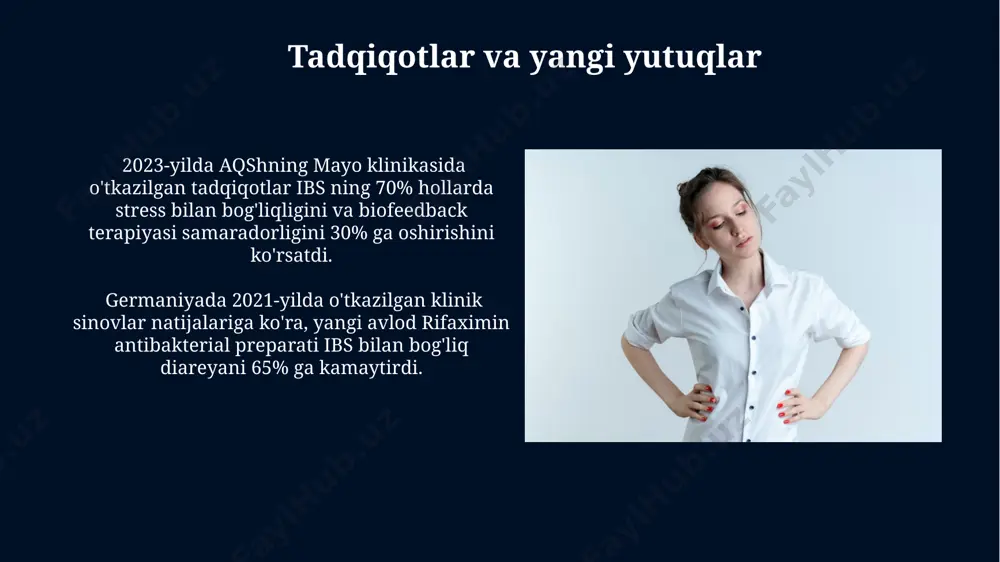 emorlarda kuzatiladi, ular ko'pincha o'zbekistonning qishloq joylarida yashovchi ayollar orasida uchraydi va hayot sifatini sezilarli darajada pasaytiradi. ibsning belgilari ibsning ayrim belgilari orasida qorinning pastki qismida ogʻriq, 3 kundan koʻproq davom etadigan diareya yoki ich qotishi, shuningdek, shishiruvchi his va gaz hosil boʻlishining koʻpayishi mavjud boʻlib, bu koʻplab odamlarning hayotiga taʼsir qiladi. ibs simptomlari har xil boʻlishi mumkin, ammo koʻpincha taxminan 20% hollarda najasda qon mavjudligi (gemorroy yoki boshqa sabablar tufayli emas) va buyuk britaniyada oʻtkazilgan soʻrovnomalarga koʻra, bu holat ruhiy holatga ham taʼsir koʻrsatishi mumkin. ibs va boshqa kasalliklar jahon sog'liqni saqlash tashkilotining ma'lumotlariga ko'ra, dunyo bo'ylab taxminan 10-15% aholi ibsdan aziyat chekadi, bu esa uni rivojlangan mamlakatlar, jumladan, aqsh va buyuk britaniyadagi keng tarqalgan kasalliklardan biriga aylantiradi. ibs, oshqozon-ichak traktining yallig'lanish kasalliklari, masalan, krono kasalligi yoki ülserativ kolitdan farqli o'laroq, ichak devorining tuzilishida sezilarli o'zgarishlarni keltirib chiqarmaydi, ammo 20-40% hollarda bemorlarda bu kasalliklarning birgalikda uchrashi kuzatiladi. parhez va …