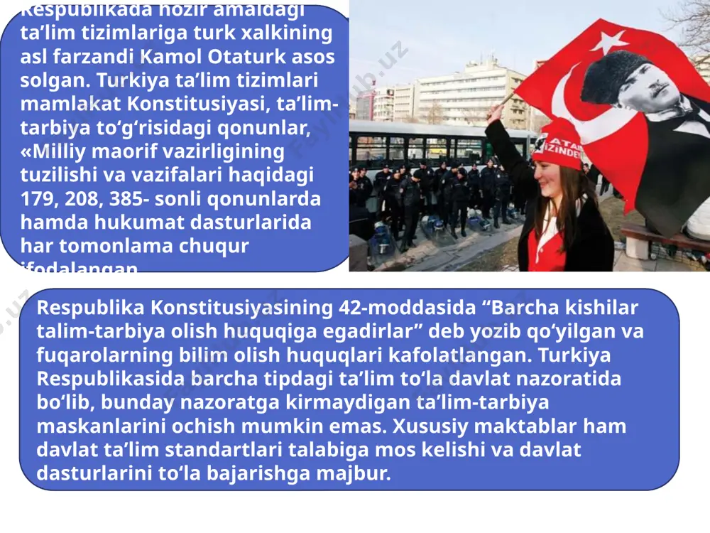 litseylari — boshlang‘ich ta’lim bо‘yicha о‘qituvchilar tayyorlaydi. о‘qish muddati 1 yil tayyorlov kursini hisobga olganda 4 yil tijorat va turizm ta’limi litseylari — maishiy xizmat kо‘rsatish, savdo, umumiy ovqatlanish diniy ta’lim maktablari — imom-xatib hamda din darsini о‘tuvchi о‘qituvchilar tayyorlaydi maxsus ta’lim maktablari — ular korreksion maktablar bо‘lib, jismoniy-aqliy jihatdan nuqsoni bor bolalar uchun mо‘ljallangan oliy ta’lim oliy ta’lim oliy ta’lim — mamlakatda oliy malakali turli kasb mutaxassisliklarini, ilmiy tadqiqot ishlari olib borishga qodir kishilarni tishtirib beradi. turkiyada bunday mutaxassisliklar bо‘yicha hozir 235' universitetlar va oliy texnologik institutlar ishlab turibdi. bu universitetlardan 2 tasi diniy mahkamalar tasarrufidadir. oliy ta’lim turkiyada oliy ta’lim odatda pullik hisoblanadi. agar talaba o’z qobiliyati va iqtidori bilan o’zini namoyon etsa unga homiylik yoki davlat stipendiyalari asosida grantlar taqdim etilishi mumkin. turkiyada 2 xil ko’rinishdagi stipendiyalar mavjud: 1.barchaga samarali ta’lim olishi uchun to’lanadi ( oyida o’rtacha 150$) 2.student xohishiga ko’ra davlat tomonidan taqdim etiladigan stipendiyalar (150-5000 …