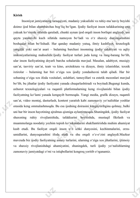 rashini ifoda etadi va shu orqali o‘z-o‘zini anglaydi.mazkur mavzuda biz ijodiy faoliyatning asosiy turlarini, ularning o‘ziga xos jihatlarini, ijtimoiy va shaxsiy rivojlanishdagi ahamiyatini, shuningdek, turli ijodiy yo‘nalishlarning zamonaviy jamiyatdagi o‘rni va istiqbollarini kengroq yoritib o‘rganamiz. ijodiy faoliyatning asosiy yo‘nalishlari ijodiy faoliyat insoniyat rivojlanishining asosiy omillaridan biri bo‘lib, uning orqali shaxsiy va jamiyatdagi o‘sish ta’minlanadi. ushbu yo‘nalishlar bolalar va yoshlar tarbiyasida, ta’lim jarayonida hamda kasbiy faoliyatda muhim o‘rin tutadi. ijodkorlik jarayoni insonni o‘z fikrlarini ifodalashga, yangi g‘oyalar yaratishga va muammolarni hal etishga undaydi. quyida keltirilgan yo‘nalishlar ijodiy faoliyatning asosiy tarmoqlarini qamrab oladi va ularning har biri o‘ziga xos xususiyatlarga ega bo‘lib, shaxs rivojlanishiga hissa qo‘shadi. ushbu yo‘nalishlarni batafsil ko‘rib chiqish orqali ularning nazariy asoslari, amaliy ahamiyati va ta’sir mexanizmlarini tushunish mumkin. har bir yo‘nalishda tahlil va dalillar asosan nazariy asoslarga tayangan holda beriladi, chunki misollar sonini cheklash maqsadga muvofiqdir. badiiy-ijodiy faoliyat badiiy-ijodiy faoliyat ijodkorlikning eng keng tarqalgan va chuqur shakllaridan biri …