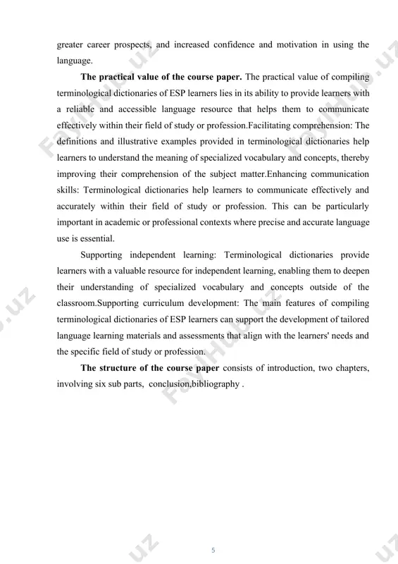 at the definitions are appropriate for their level. the definitions should be written in simple language that is easy to understand, avoiding complex sentences and technical jargon that may be difficult for the learners to comprehend. 3.providing illustrative examples: providing illustrative examples drawn from authentic texts and materials from the field of study or profession helps learners to understand how terms are used in context. examples provide insights into the meaning and usage of the terms, making them more accessible and easier to remember. lexicographers may provide examples in the form of sentences, phrases, or short paragraphs, depending on the complexity of the term and the level of the learners. the examples should be relevant and meaningful to the learners, using real-life situations that they may encounter in their field of study or profession.[footnoteref:3] [3: pedro a. fuertes-olivera. specialized dictionaries for learners. john benjamins publishing, 2015.-p.16.] 4.organizing the dictionary: organizing …