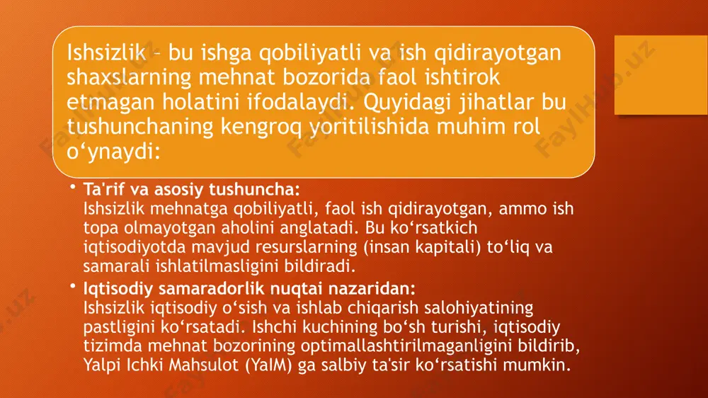 luvchi qonunlar va davlat siyosati ham ishsizlik darajasiga ta’sir ko‘rsatadi. ijtimoiy kafolatlar: ijtimoiy himoya tizimlarining samaradorligi ham ishga kirishish jarayoniga ta’sir etadi. davlat tomonidan qo‘llab-quvvatlash yoki rag‘batlantirish choralari yo‘qligi ishsizlikni kuchaytirishi mumkin. global omillar globalizatsiya: xalqaro savdo va investitsiyalar oqimi, chet el bozorlaridagi o‘zgarishlar mahalliy mehnat bozoriga ta’sir qilib, ayrim sohalarda ishsizlikning oshishiga sabab bo‘ladi. xalqaro raqobat: global bozordagi kuchaygan raqobat, mahalliy ishlab chiqaruvchilarni samaradorlikni oshirishga majbur etadi, natijada ba’zi ish o‘rinlari yo‘qoladi. ushbu omillar bir-biri bilan chambarchas bog‘liq bo‘lib, har bir mamlakatning iqtisodiy va ijtimoiy sharoitlariga qarab ularning ta’siri turlicha bo‘lishi mumkin. ushbu omillarni tahlil qilish va ularga mos strategiyalar ishlab chiqish ishsizlik muammosini kamaytirishda muhim ahamiyatga ega. ishsizlik turli omillarga bog‘liq holda bir necha turlarga bo‘linadi. har bir tur o‘ziga xos yuzaga kelish sabablariga ega bo‘lib, iqtisodiy sharoit, texnologik rivojlanish va mehnat bozoridagi o‘zgarishlar bilan chambarchas bog‘liqdir. friktsion (o‘tish) ishsizlik xususiyatlari: bu turdagi ishsizlik shaxslar ish o‘rnini almashtirish, …
