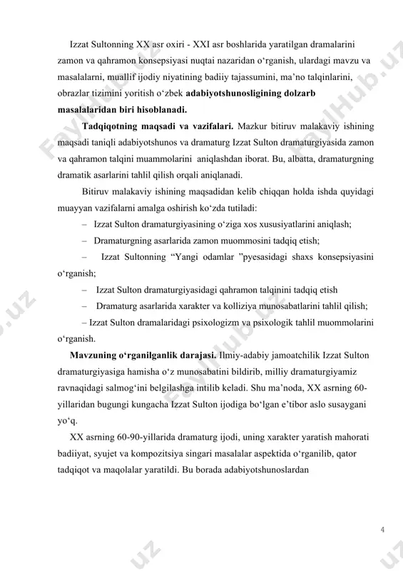 miy ishimizning o‘ziga xos yangiligini belgilab ko‘rsatadi. тадқиқотнинг предмети ва объекти: bitiruv malakaviy ishida izzat sultonning «yangi odamlar», «oydin kecha asir​ligida», «qaqnus» pyesalari taxdil uchun asos qilib olindi. adibning «abdulla qodiriyning o‘tgan kunlari», «imon» singari asarlari qiyosiy taxlil uchun tortildi. izzat sultonning adabiy-estetik qarashlari bilan mustaqillik davri dramaturgiyasidagi badiiy tafakkur evrilishlari dinamikasini o‘zaro uyg‘unlikda kuzatish uning so‘nggi yillar dramalarida zamon va qahramon konsepsiyasining badiiy talqinidagi o‘ziga xosliklarni yoritish imkonini berdi. tadqiqot ishi davomida zamon va qahramon muammosining badiiy talqinida ijtimoiy-siyosiy voqelik ta’sirini, milliy mentalitetga xos estetik ideal tabiatini o‘rganish, shuningdek, adib dramaturgiyasida za​mon va qahramon konsepsiyasining shakllanishida adabiy an’analarning o‘rni va ahamiyatini yoritishga alohida e’tibor qaratildi tadqiqot natijalarining ilmiy va amaliy ahamiyati. ushbu bitiruv malakaviy ishi natijalarining ilmiy-amaliy ahamiyati quyidagilarda namoyon bo‘ladi: – bitiruv malakaviy ishidagi izzat sulton dramalarida zamon va qahramon talqini masalalari, adibning tasvirlash mahoratini o‘rganish, tahlil etish yuzasidan erishilgan natijalar dramaturg ijodining ma’lum bir qirralariga oid qarashlarga …